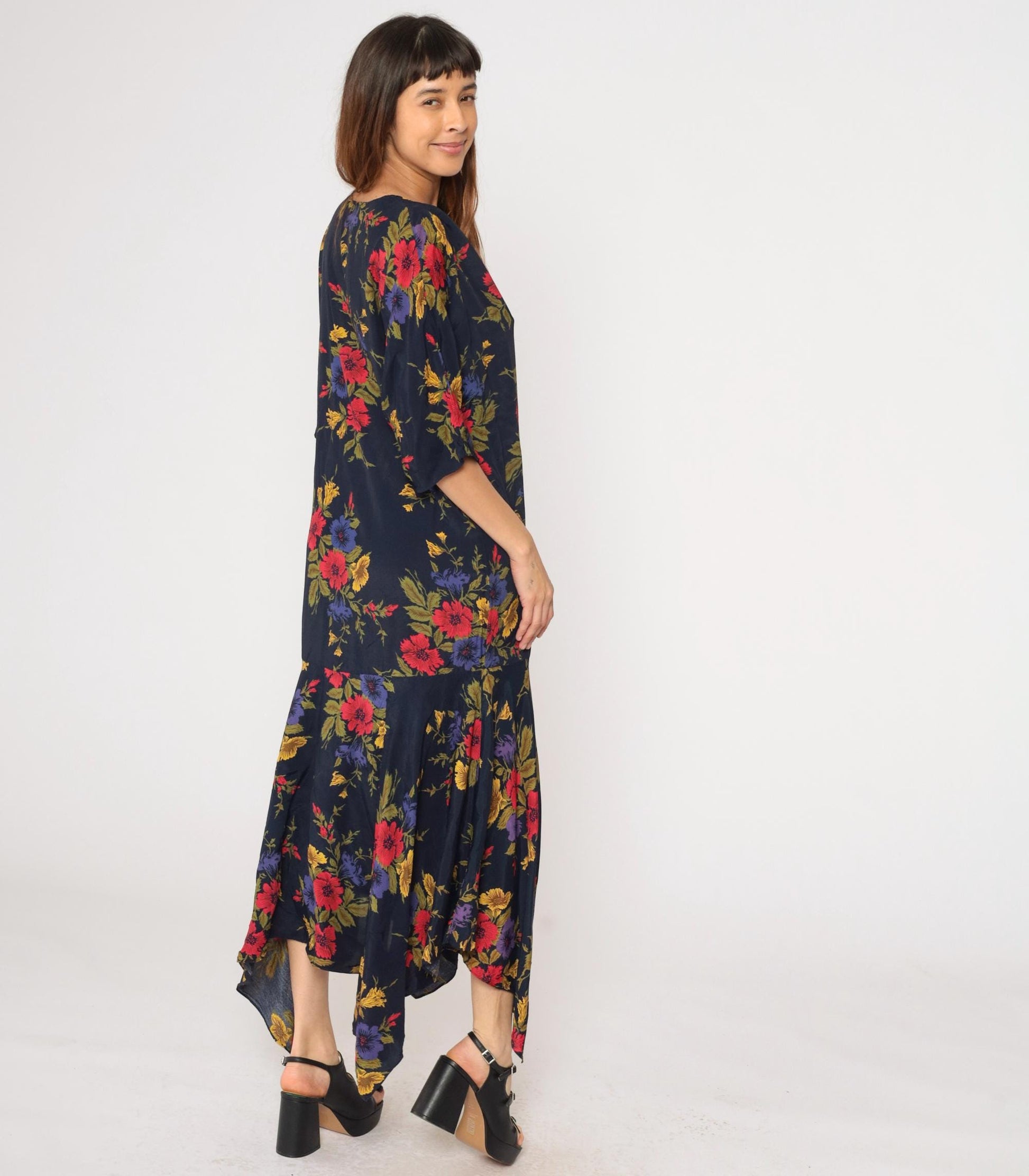 90s Navy Floral Maxi Dress Asymmetrical Hanky Hem Drop Waist Medium