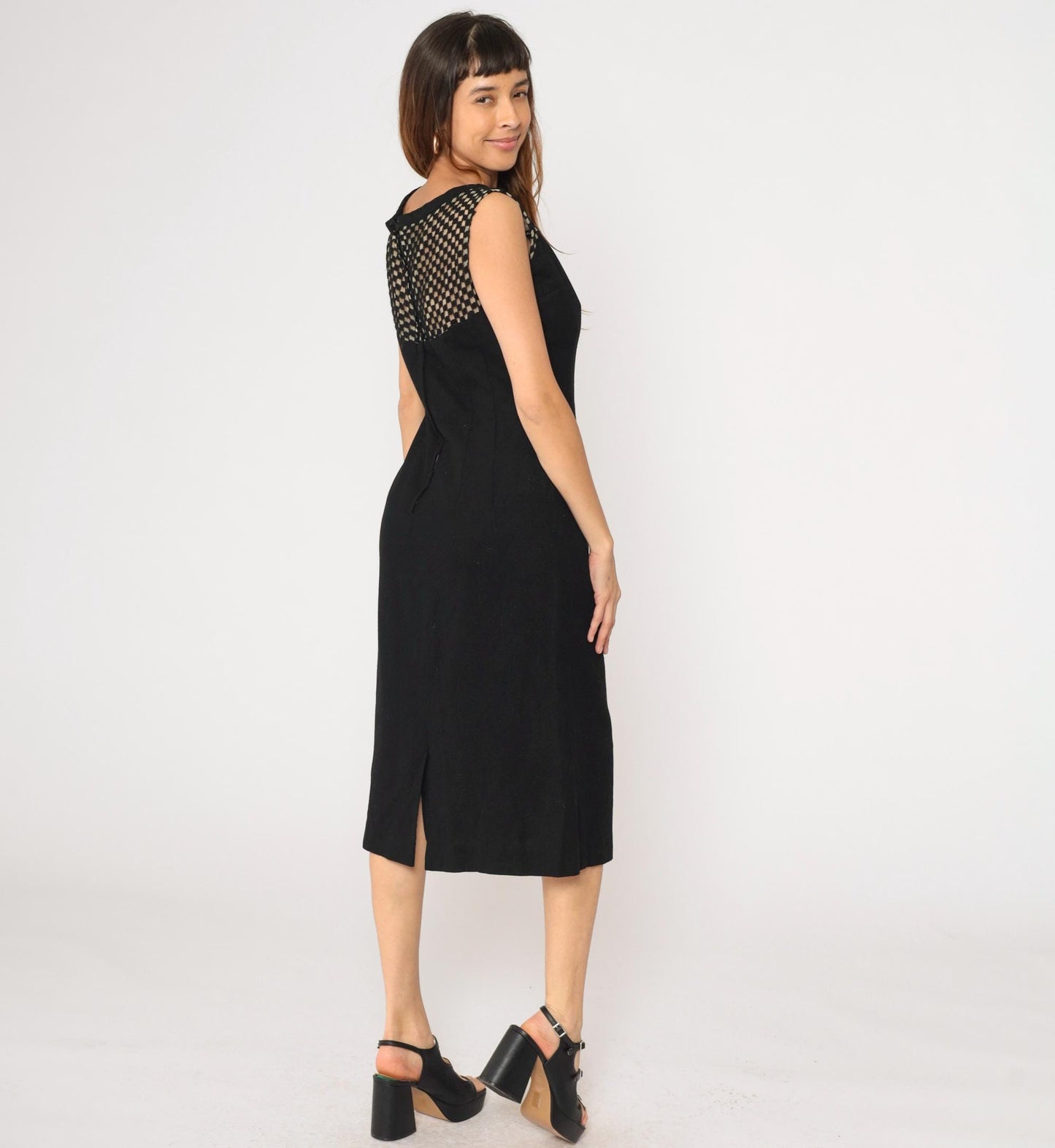 1960s Black Wool Midi Cocktail Dress Sheer Checkered Yoke Sleeveless Medium