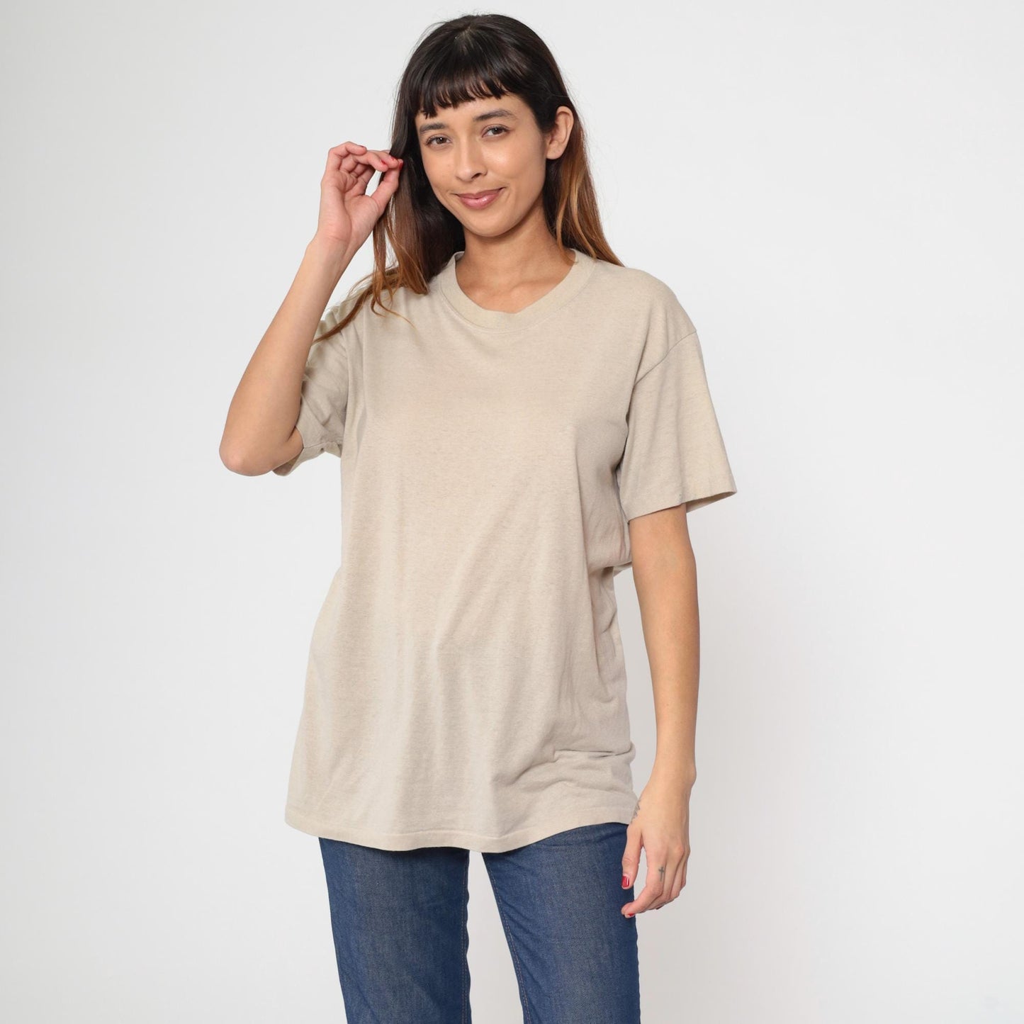 80s Plain Taupe Crewneck T-Shirt Single Stitch Duke Athletic Large L