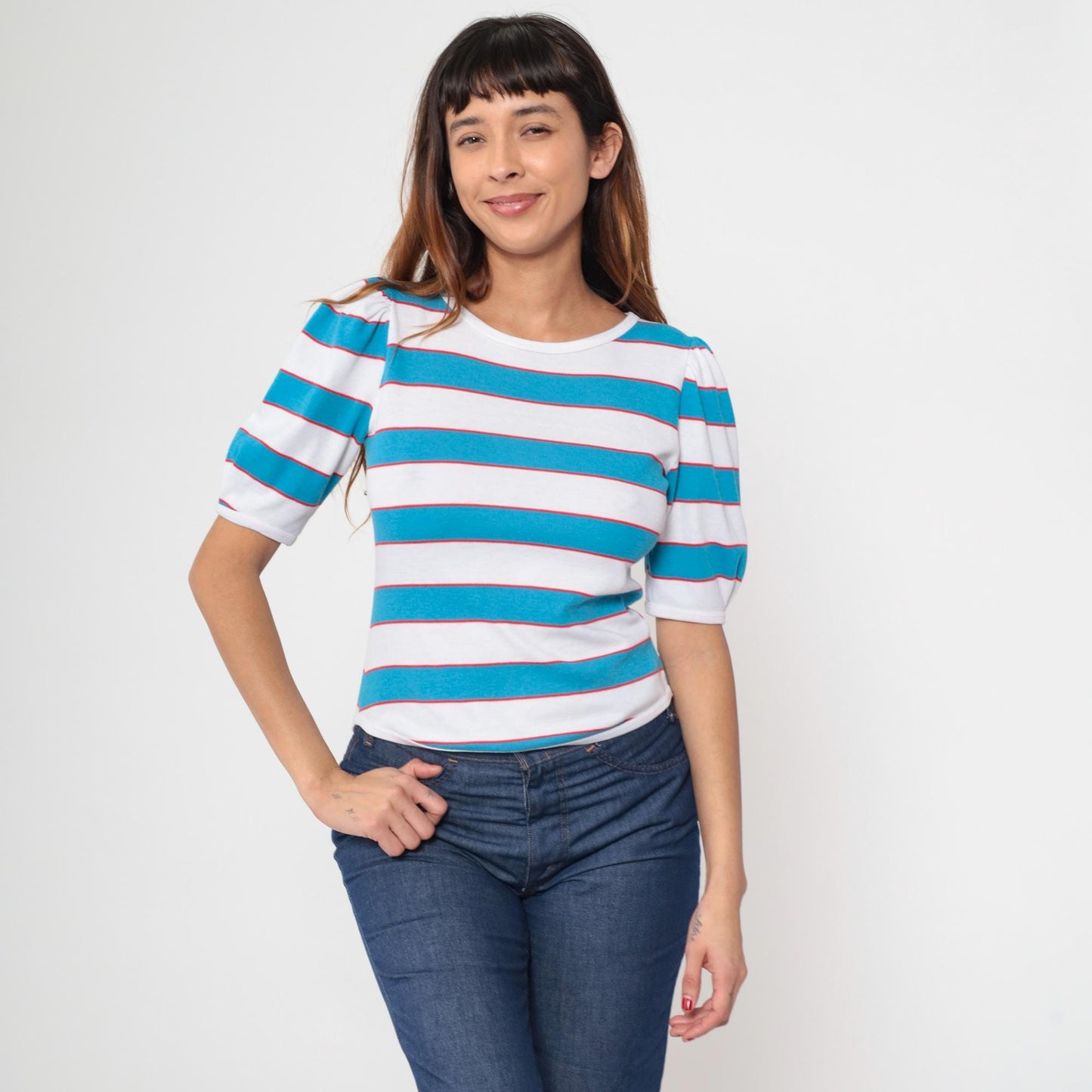 80s Fritzi Striped T-Shirt Puff Sleeve White Blue Red Small