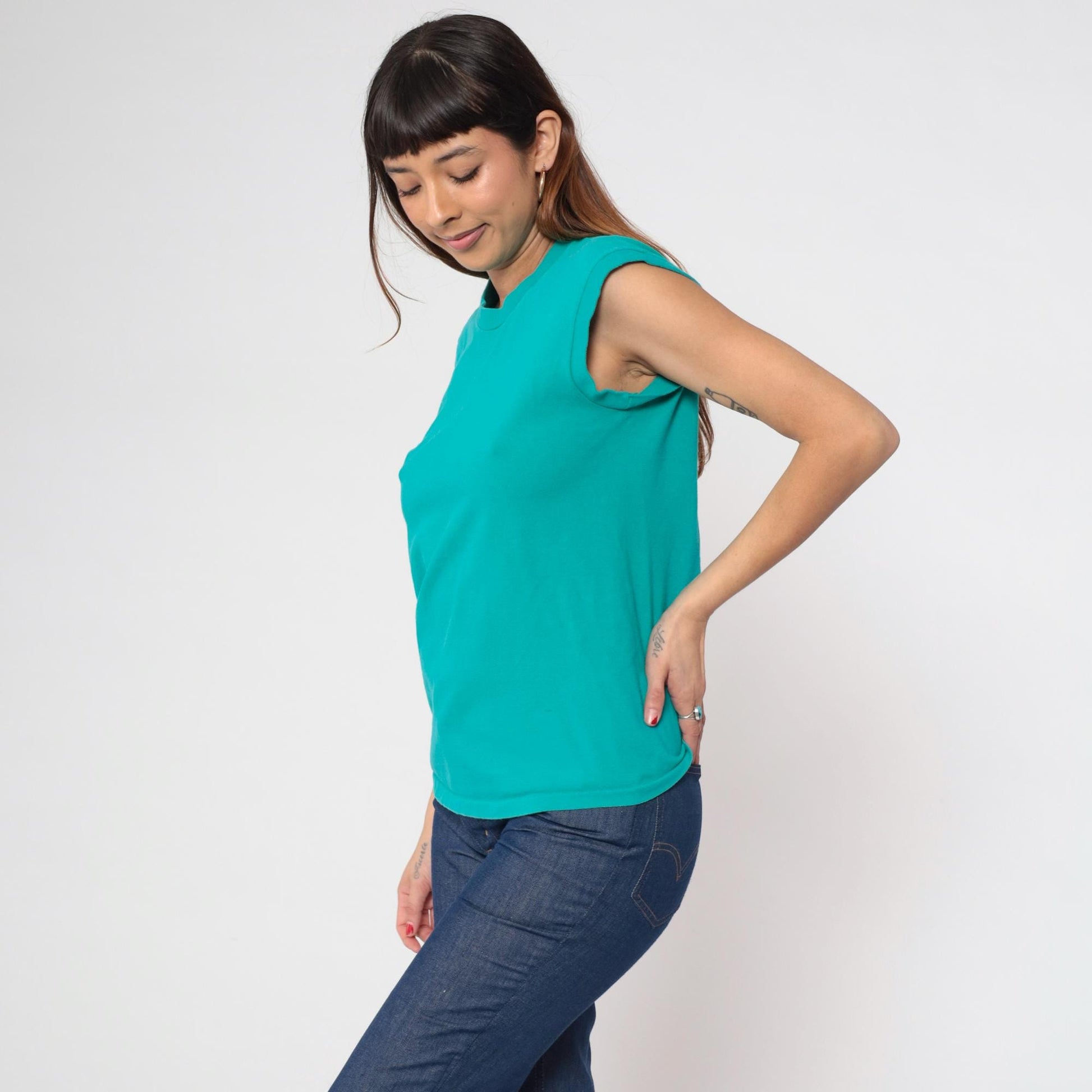 90s Towncraft Teal Muscle Tank Top Crewneck Single Stitch Cotton Small