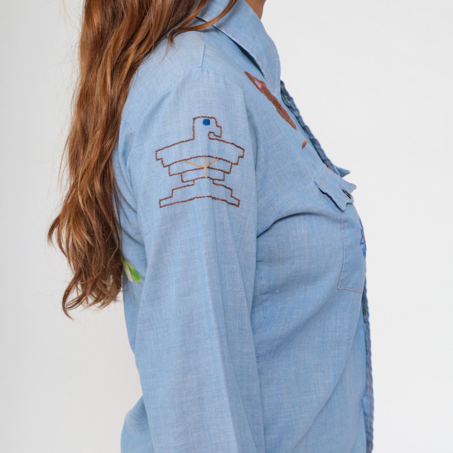 70s Montgomery Ward Chambray Shirt Embroidered Saguaro Cactus Mouse Blue Small