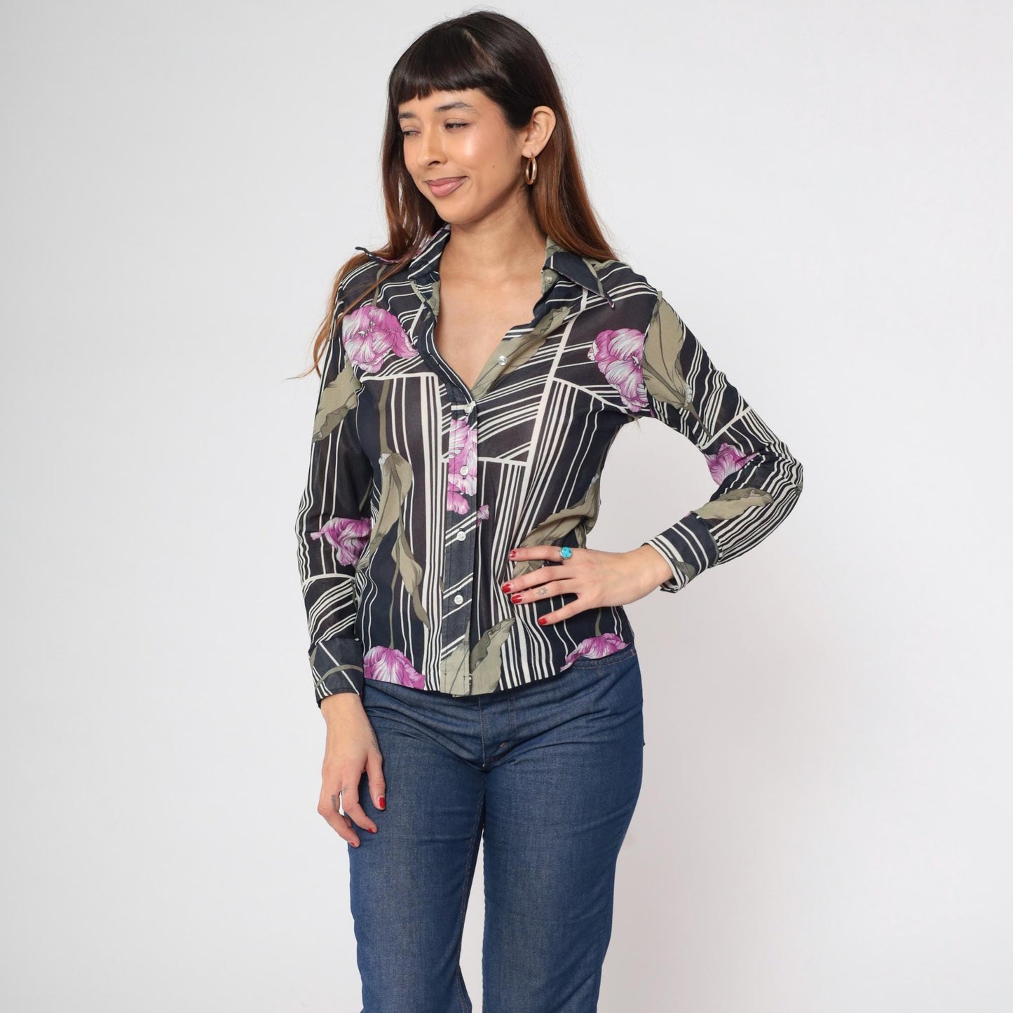 70s Sheer Floral Striped Blouse Black Dagger Collar Button Up Small