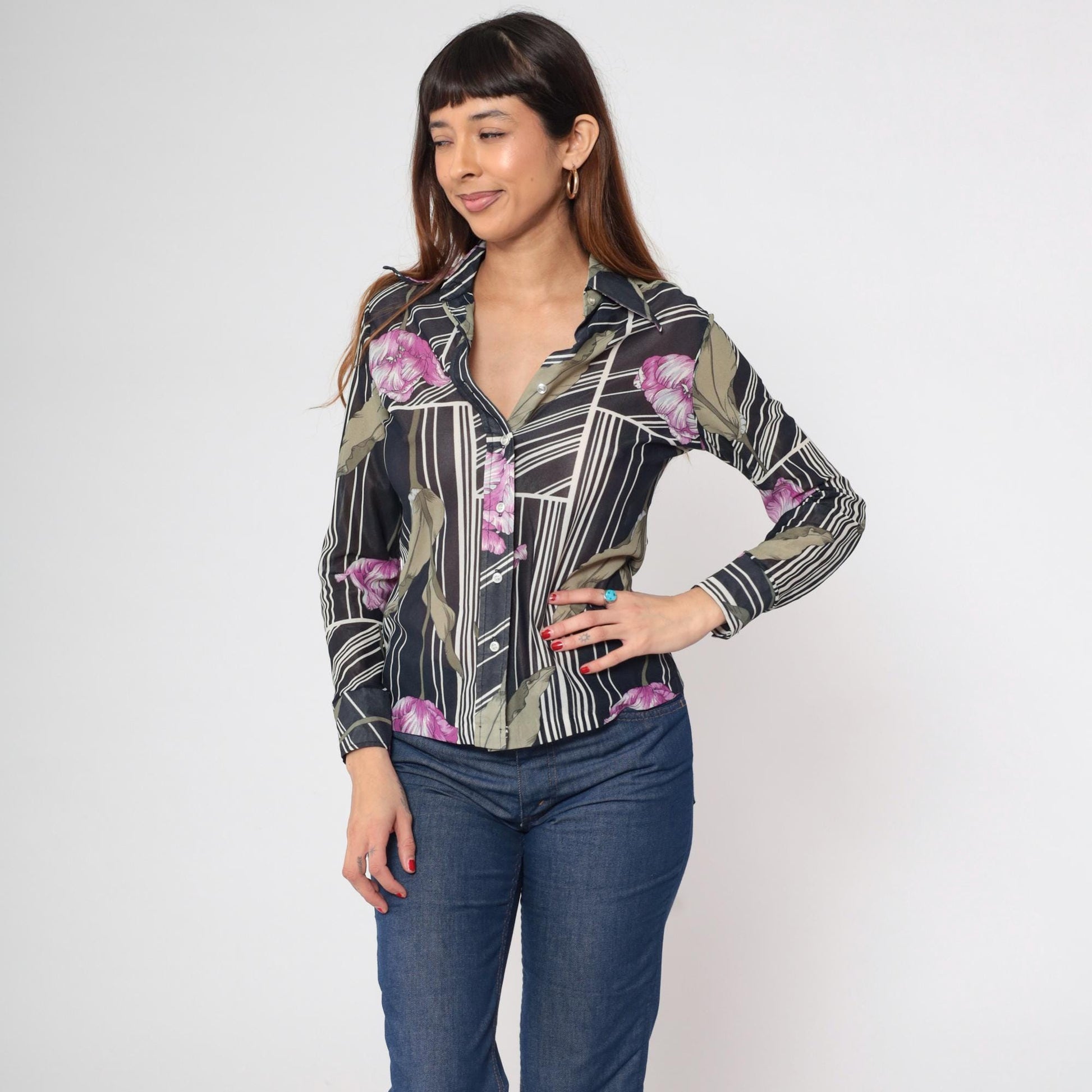 70s Sheer Floral Striped Blouse Black Dagger Collar Button Up Small