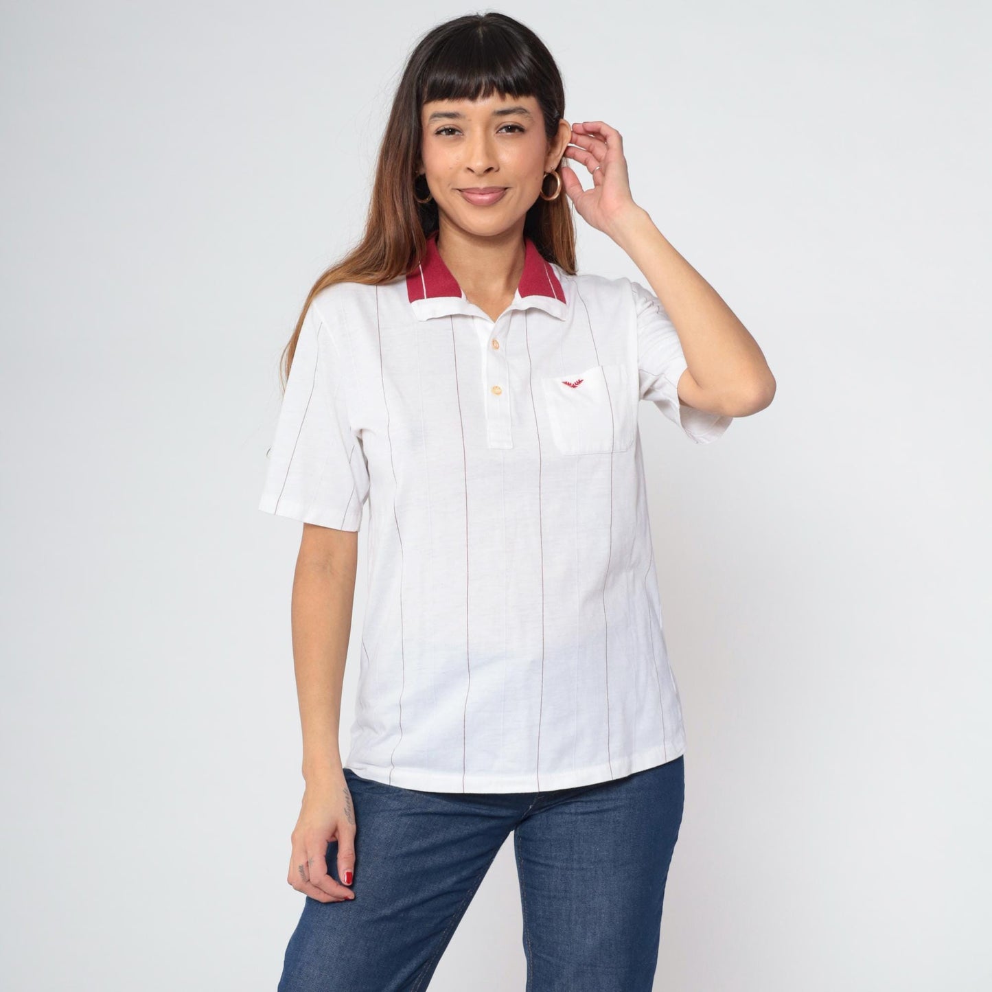 80s White Burgundy Striped Polo Shirt Embroidered Crest Quarter Button Medium