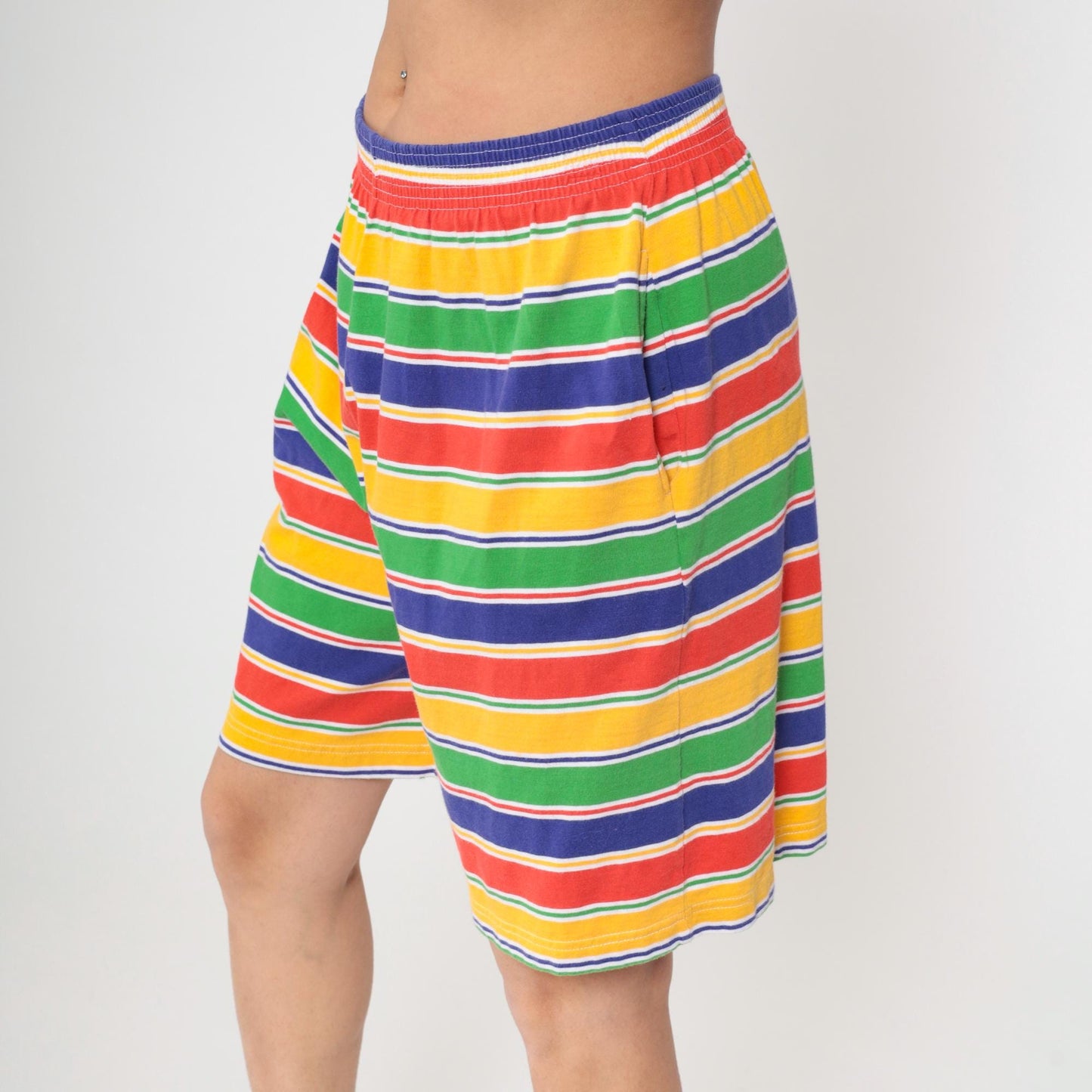 90s Marisa Christina Striped Shorts Elastic Waist Cotton Rainbow Large L