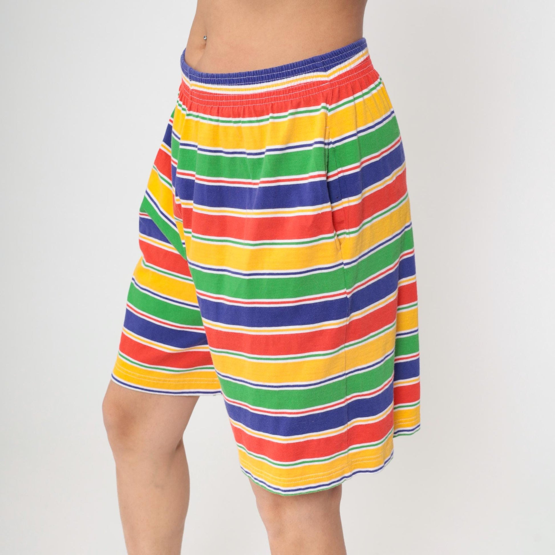 90s Marisa Christina Striped Shorts Elastic Waist Cotton Rainbow Large L
