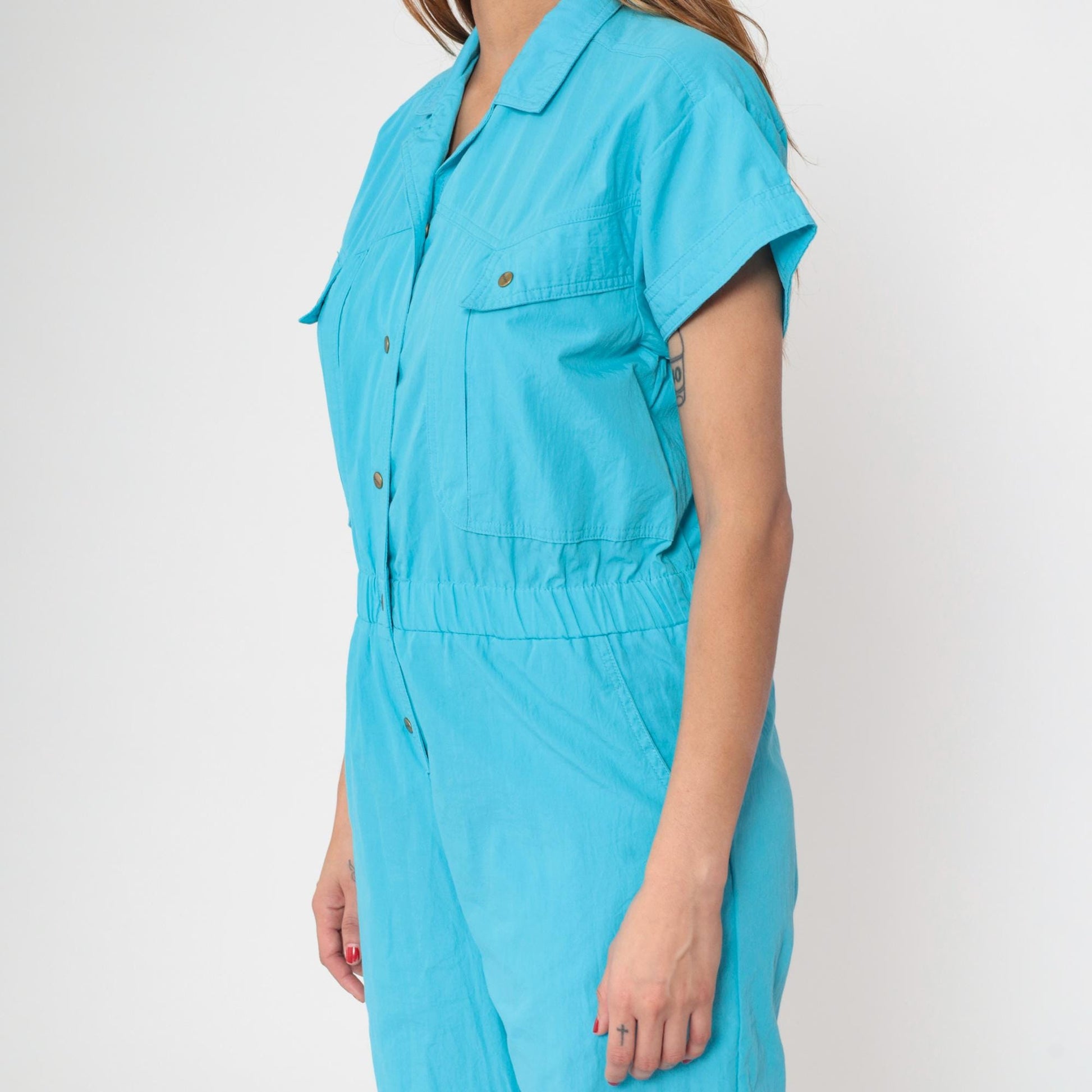 80s Turquoise Jumpsuit Snap Button High Waist Tapered Leg Small S