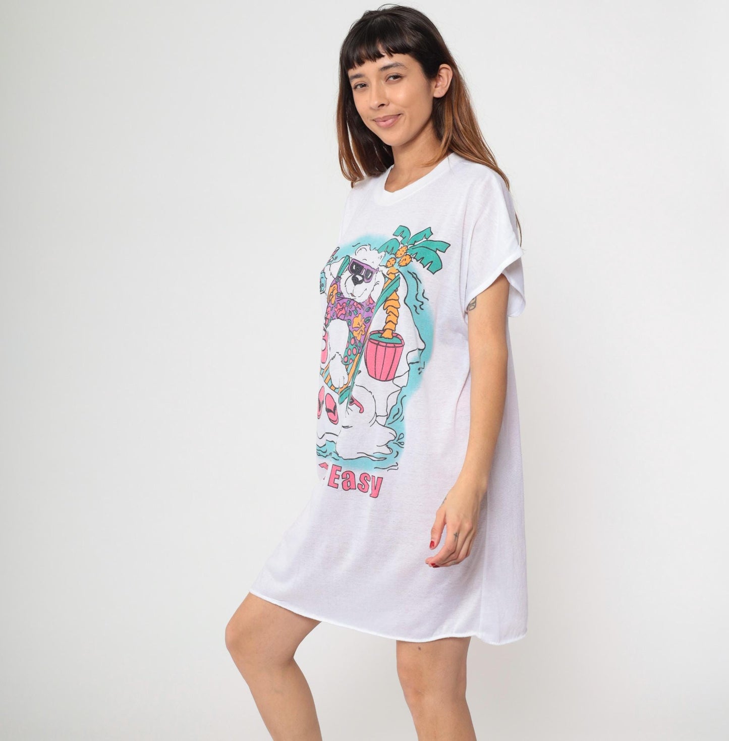 80s Tropical Beach Graphic T-Shirt Dress Bear Seal White Burnout One Size