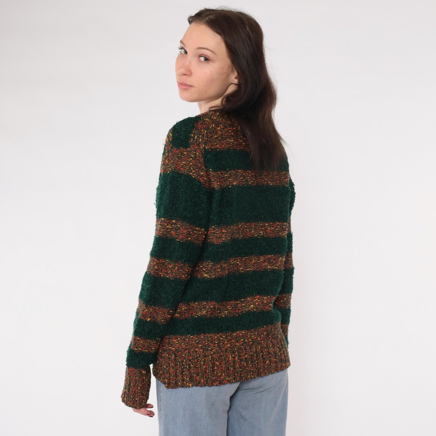 80s Left Bank Forest Green Striped Slub Knit Sweater V-Neck Medium M