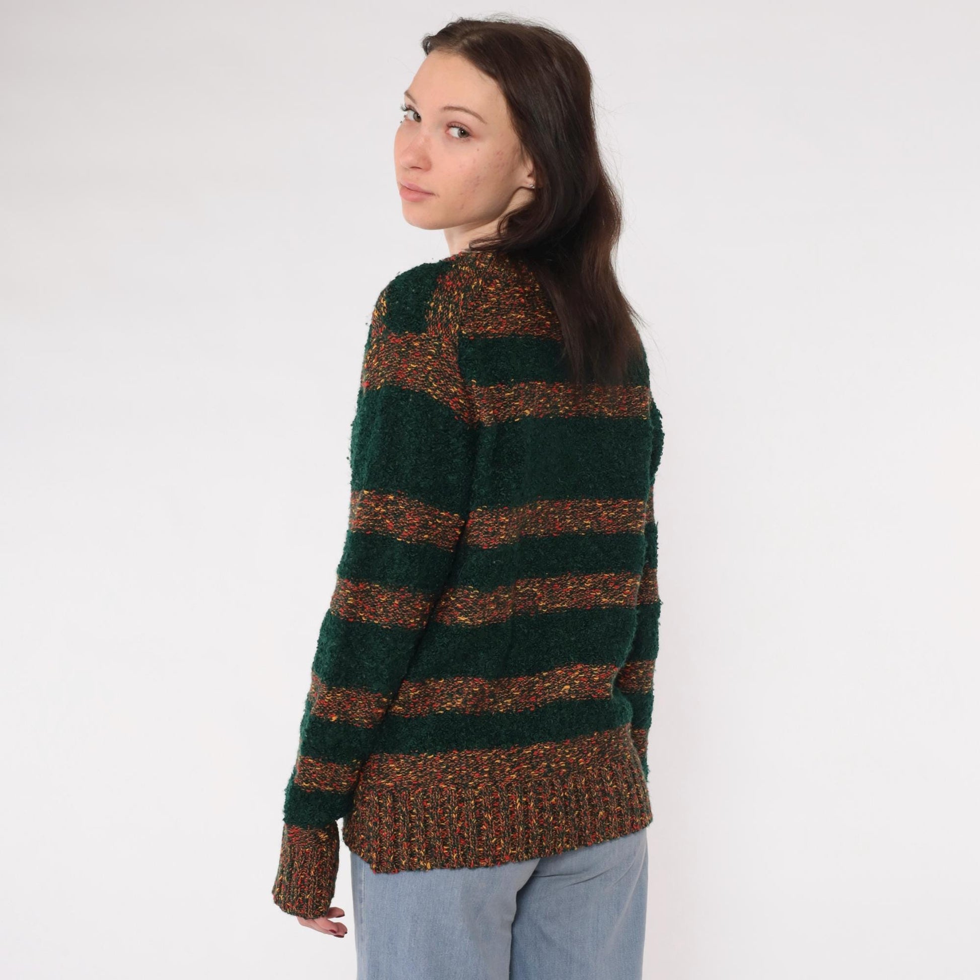 80s Left Bank Forest Green Striped Slub Knit Sweater V-Neck Medium M