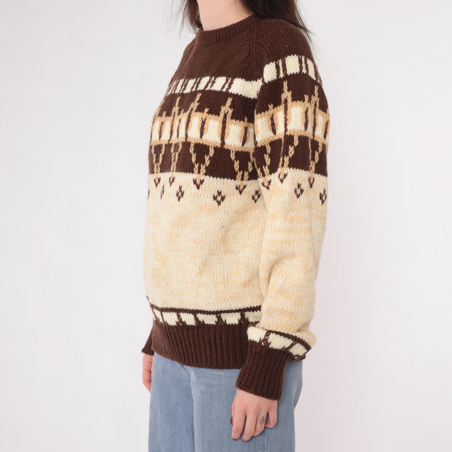 80s Nordic Geometric Knit Sweater Brown Cream Marled Pullover Medium