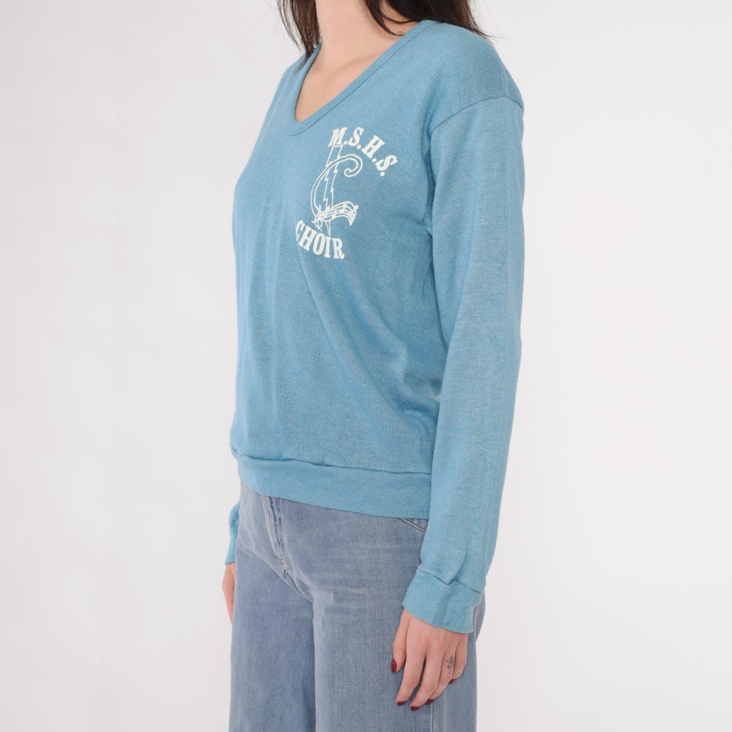 80s MSHS Choir V-Neck Sweater Light Blue Graphic Knit Pullover Small