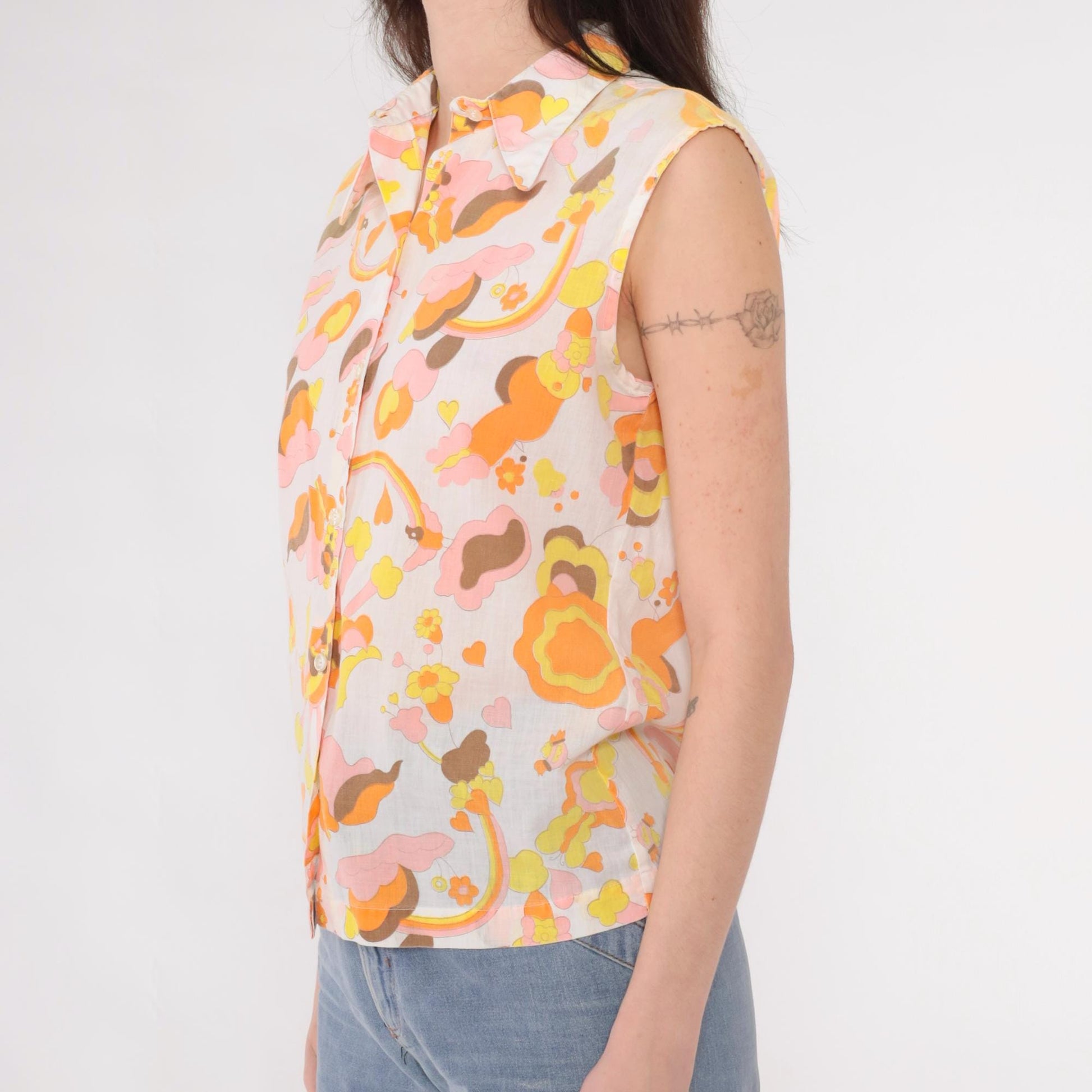 70s Rainbow Heart Floral Butterfly Sleeveless Blouse Dagger Collar White Small