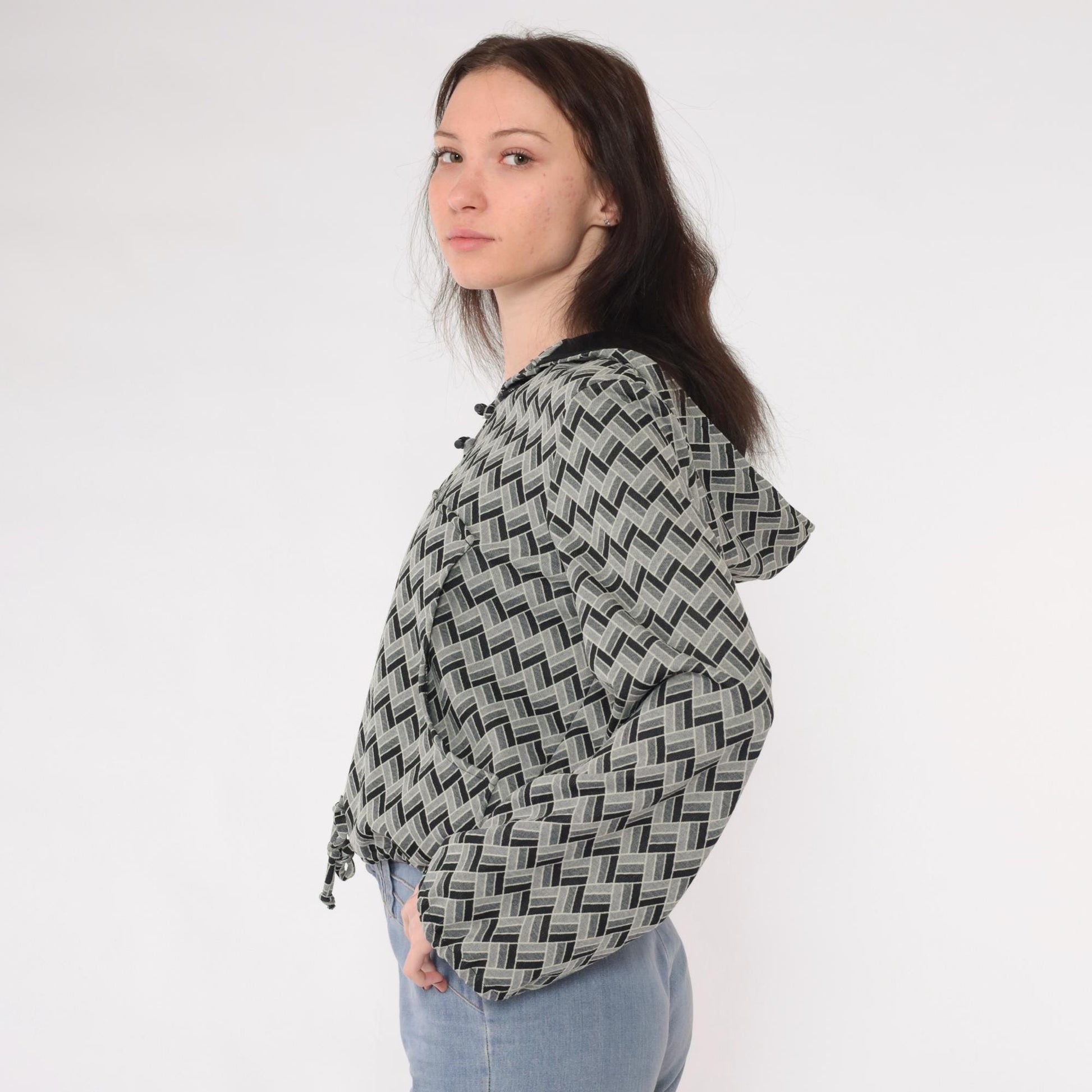 70s Geometric Print Hooded Pullover Grey Black Toggle Drawstring Medium