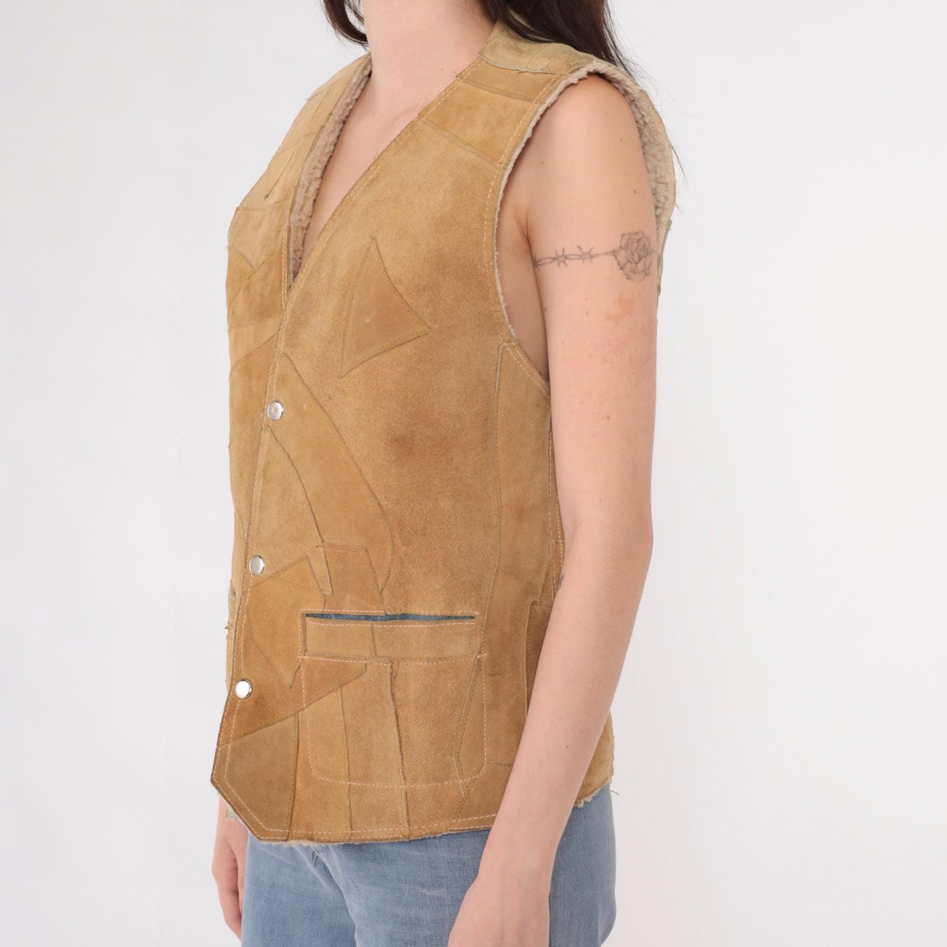 70s Tan Patchwork Suede Vest Sherpa Lined Snap Front Sleeveless Small