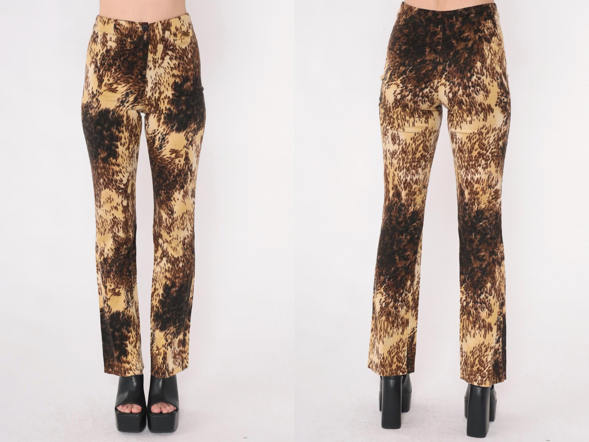 Y2K Cache Abstract Leopard Flared Pants High Rise Brown Yellow Small