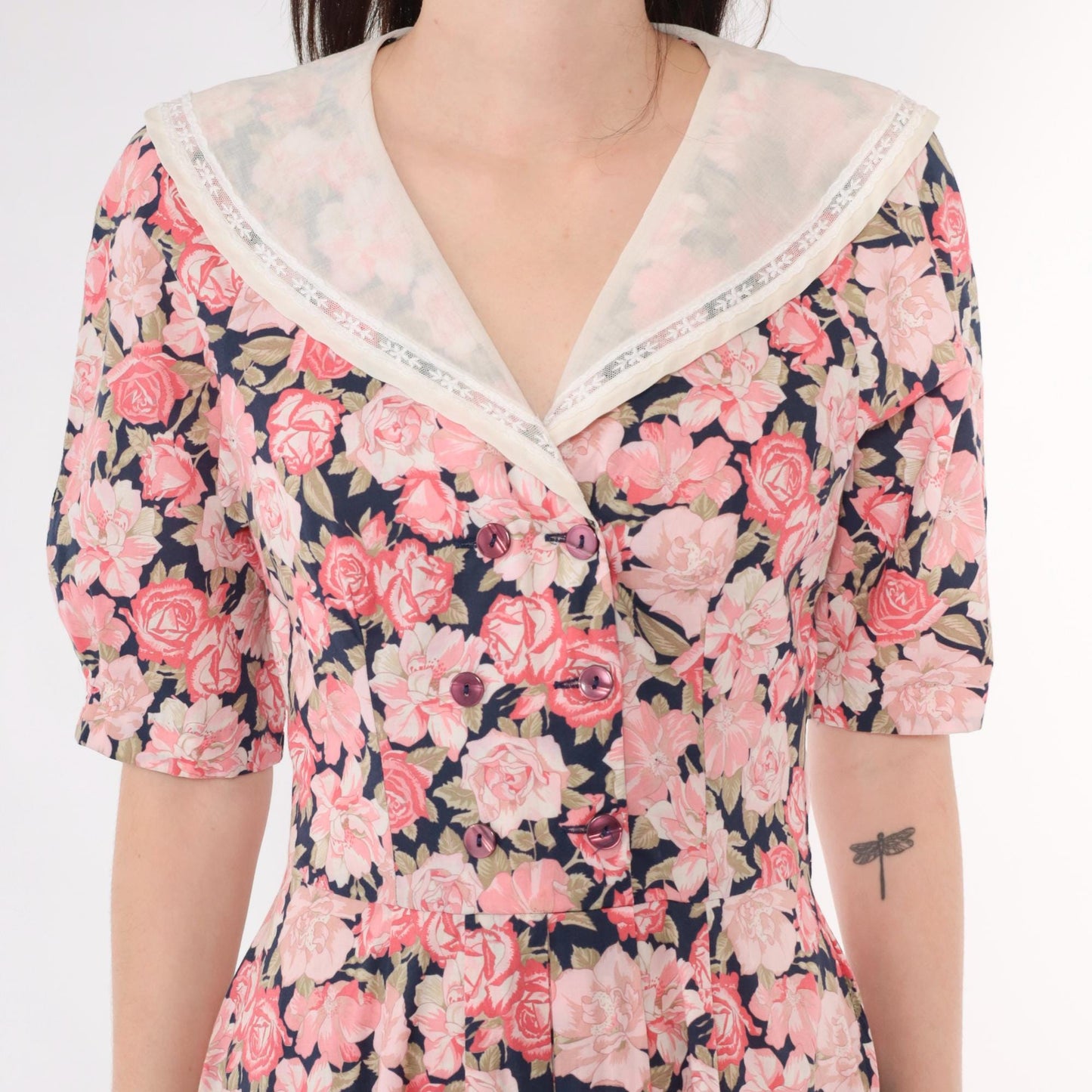 80s Laura Ashley Pink Floral Midi Dress Puff Sleeve Double Breasted Small
