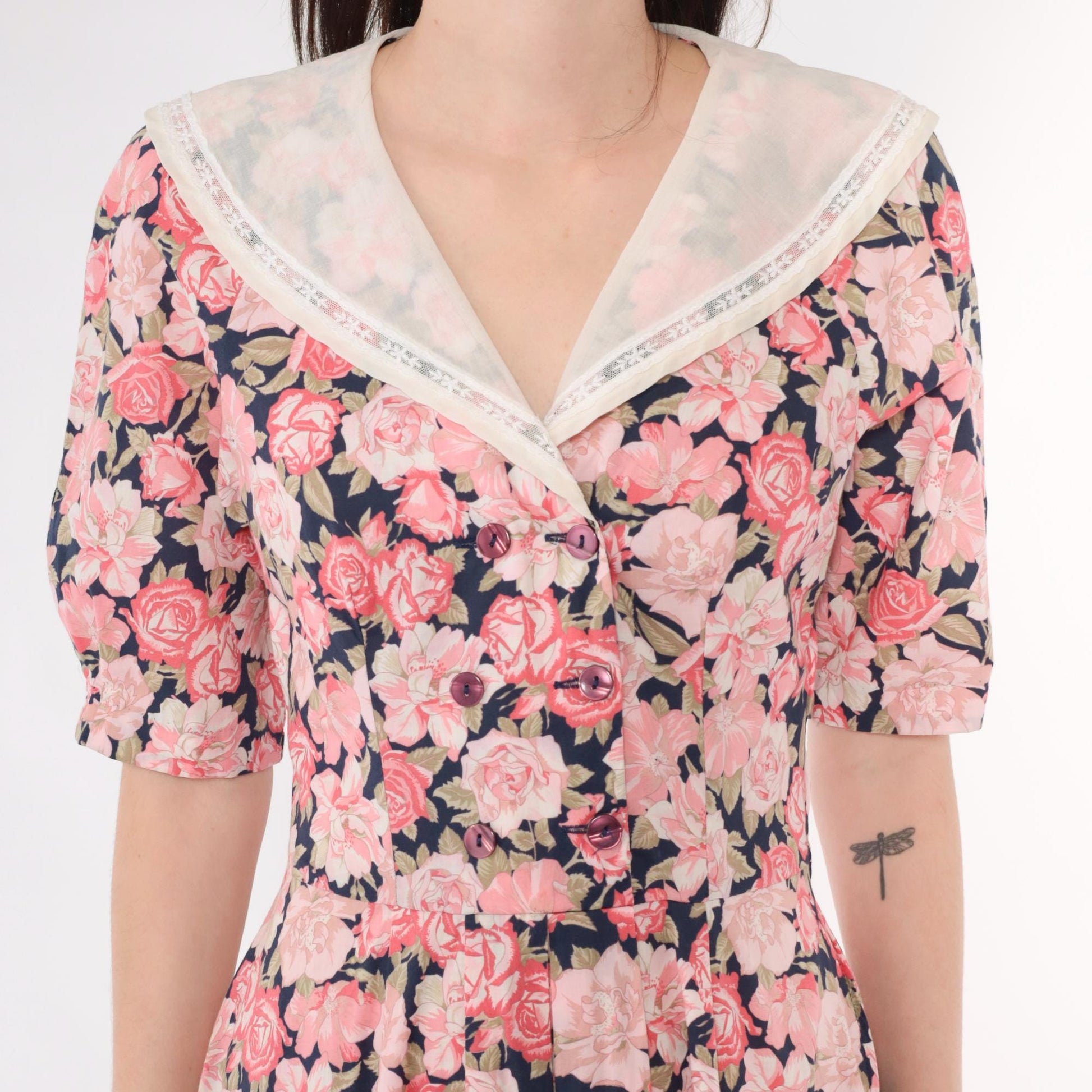 80s Laura Ashley Pink Floral Midi Dress Puff Sleeve Double Breasted Small