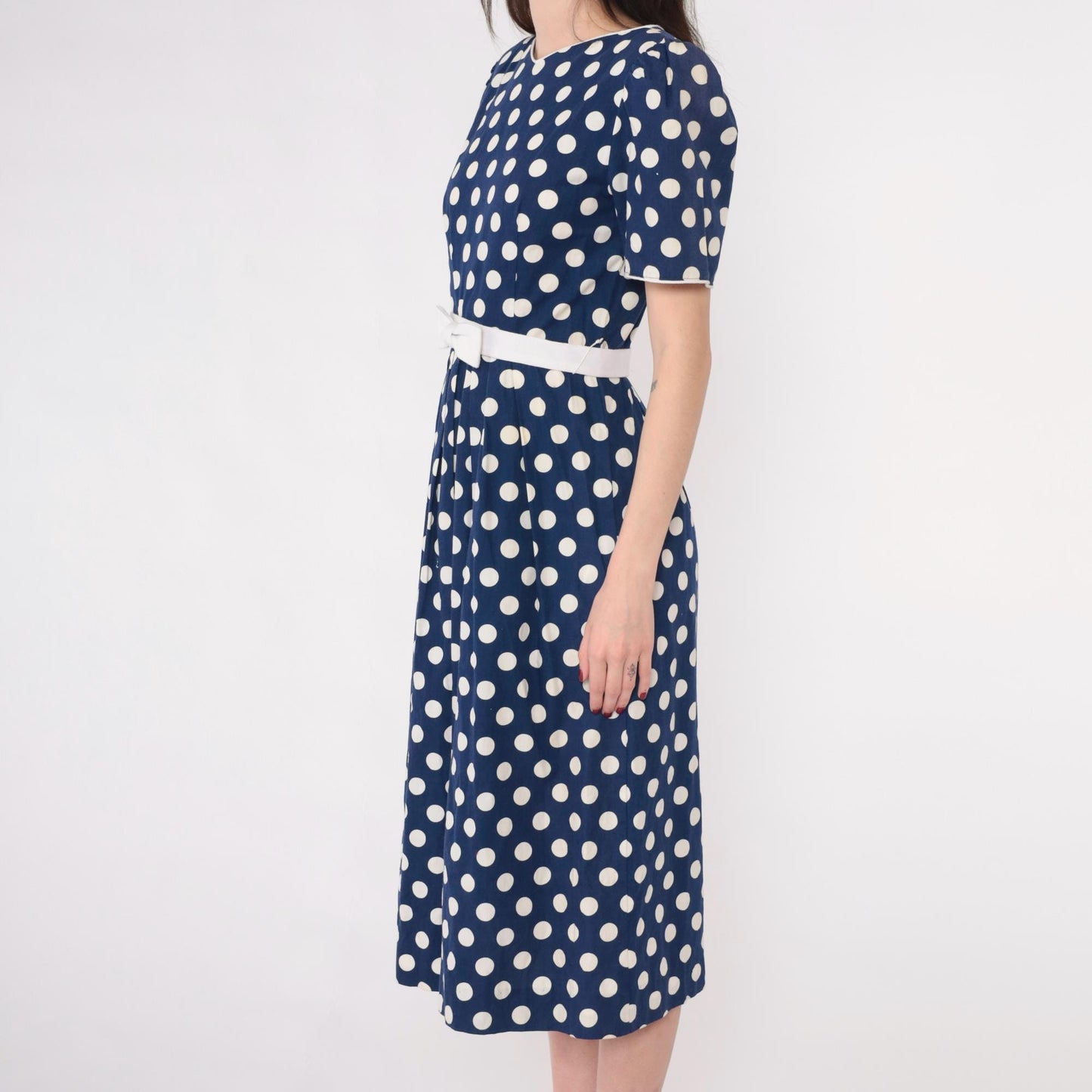 80s Lanz Originals Polka Dot Midi Dress Puff Sleeve Navy Bow Waist Extra Small