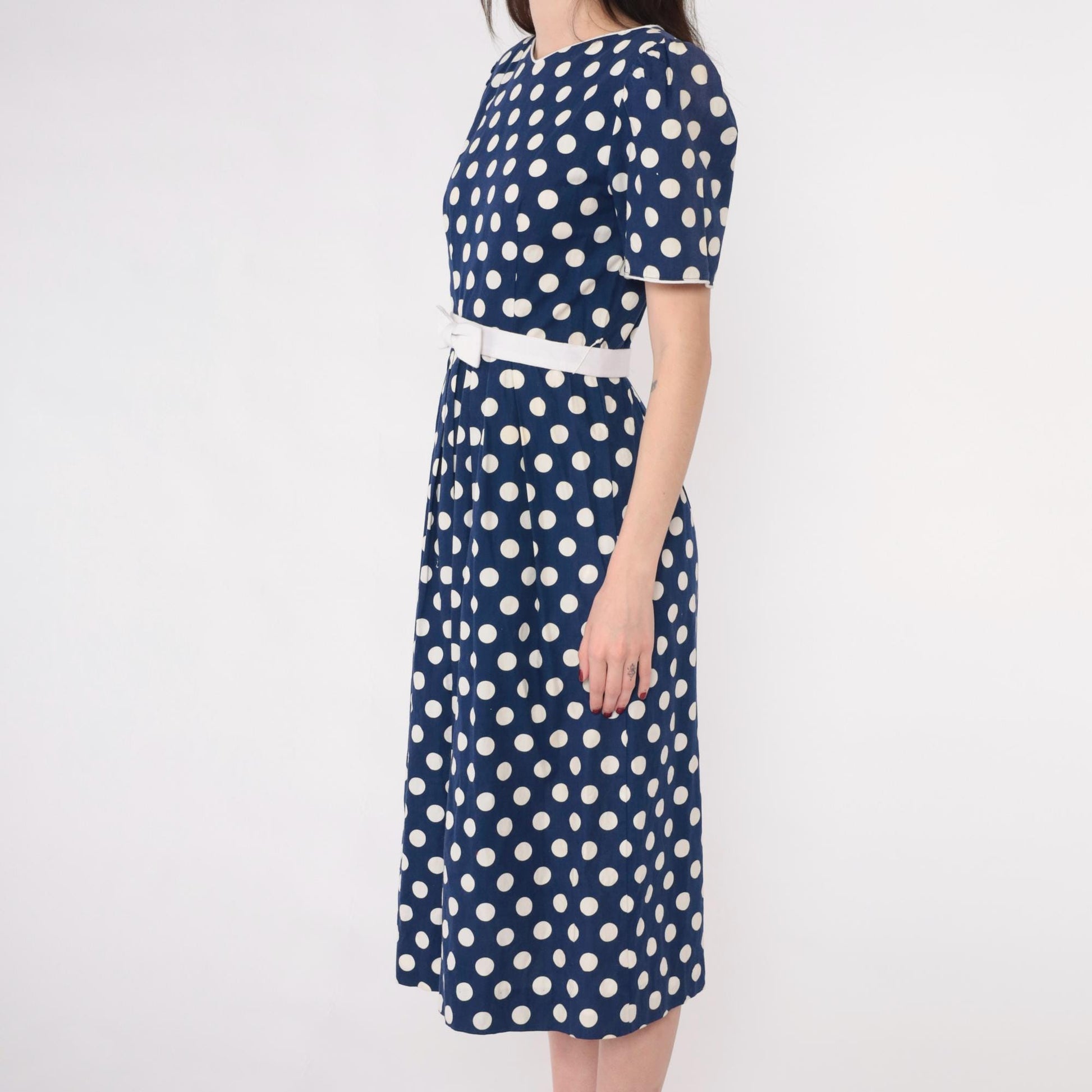 80s Lanz Originals Polka Dot Midi Dress Puff Sleeve Navy Bow Waist Extra Small