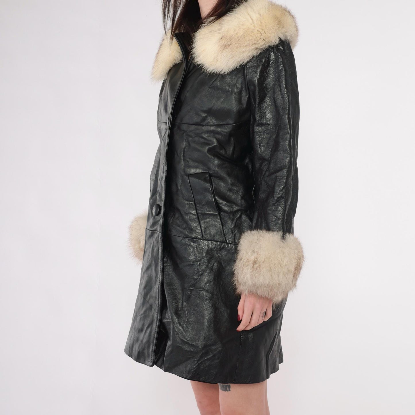 70s Black Leather Jacket Fur Collar Cuffs Button Front Medium
