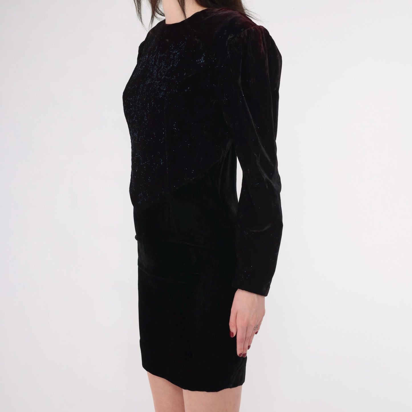 80s Scott McClintock Black Velvet Mini Dress Puff Sleeve Keyhole Back Extra Small