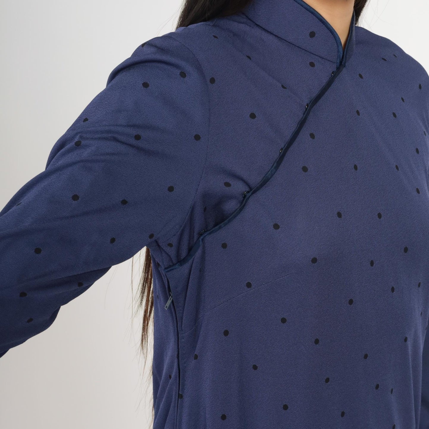 80s Navy Polka Dot Cheongsam Midi Dress Mandarin Collar Side Slit Medium M