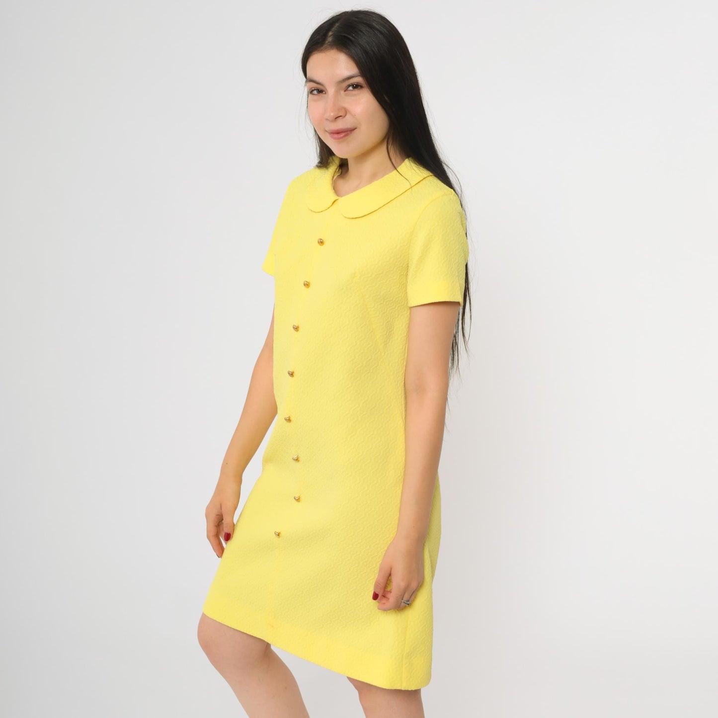 60s Yellow Shift Dress Peter Pan Collar Mini Length Short Sleeve Small