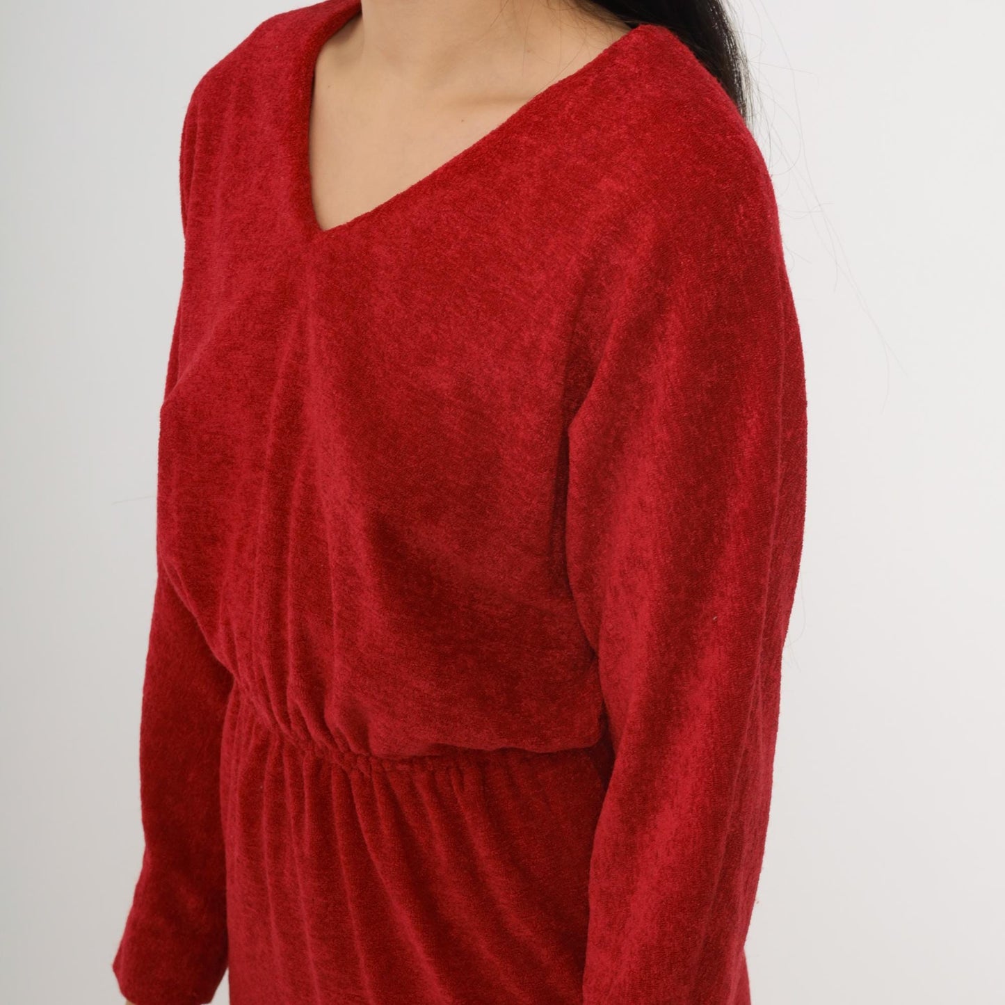 70s Red Terrycloth Midi Dress Dolman Sleeve V-Neck High Waist Small S