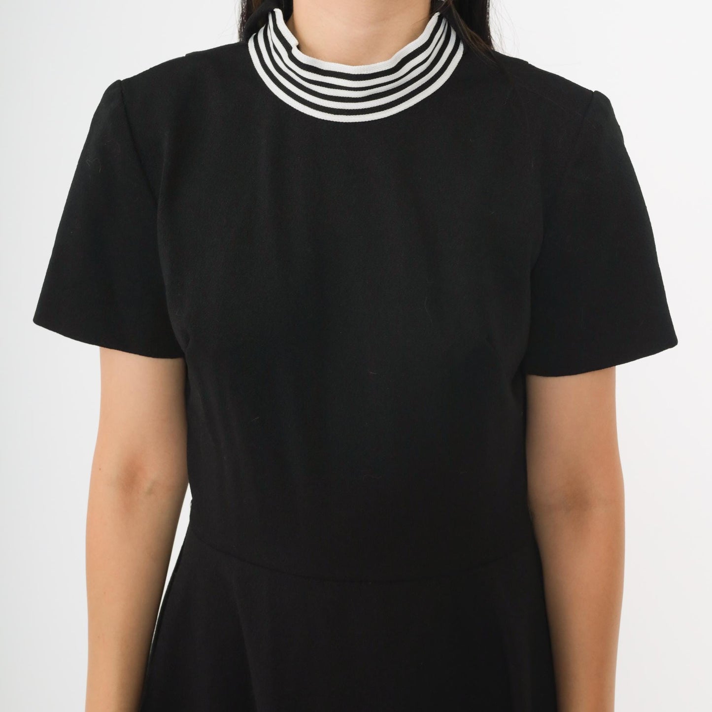 60s Black Mod Shift Dress White Striped Mock Neck Mini Small S
