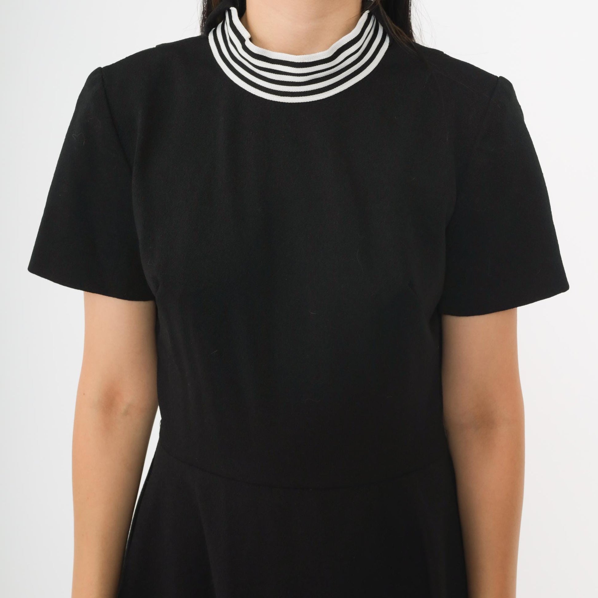 60s Black Mod Shift Dress White Striped Mock Neck Mini Small S