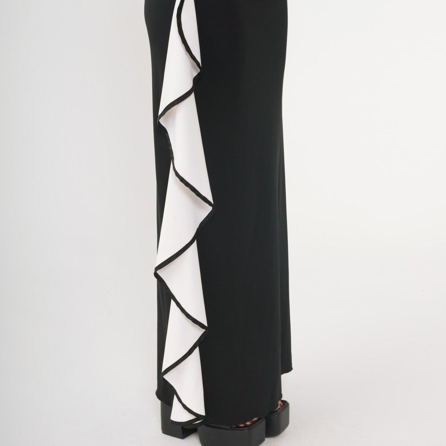 Y2K Black One-Shoulder Maxi Dress White Ruffled Column Bodycon Small