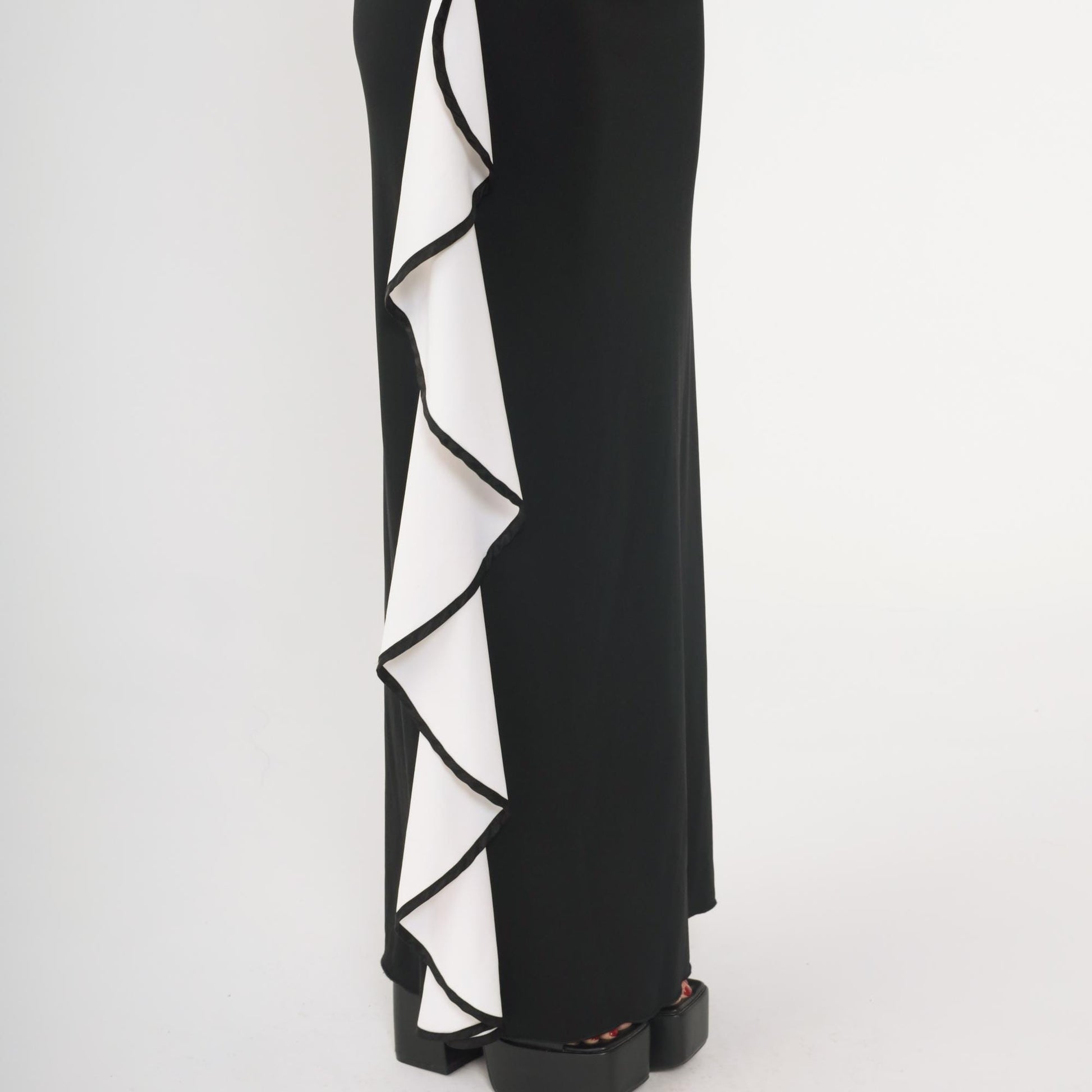 Y2K Black One-Shoulder Maxi Dress White Ruffled Column Bodycon Small