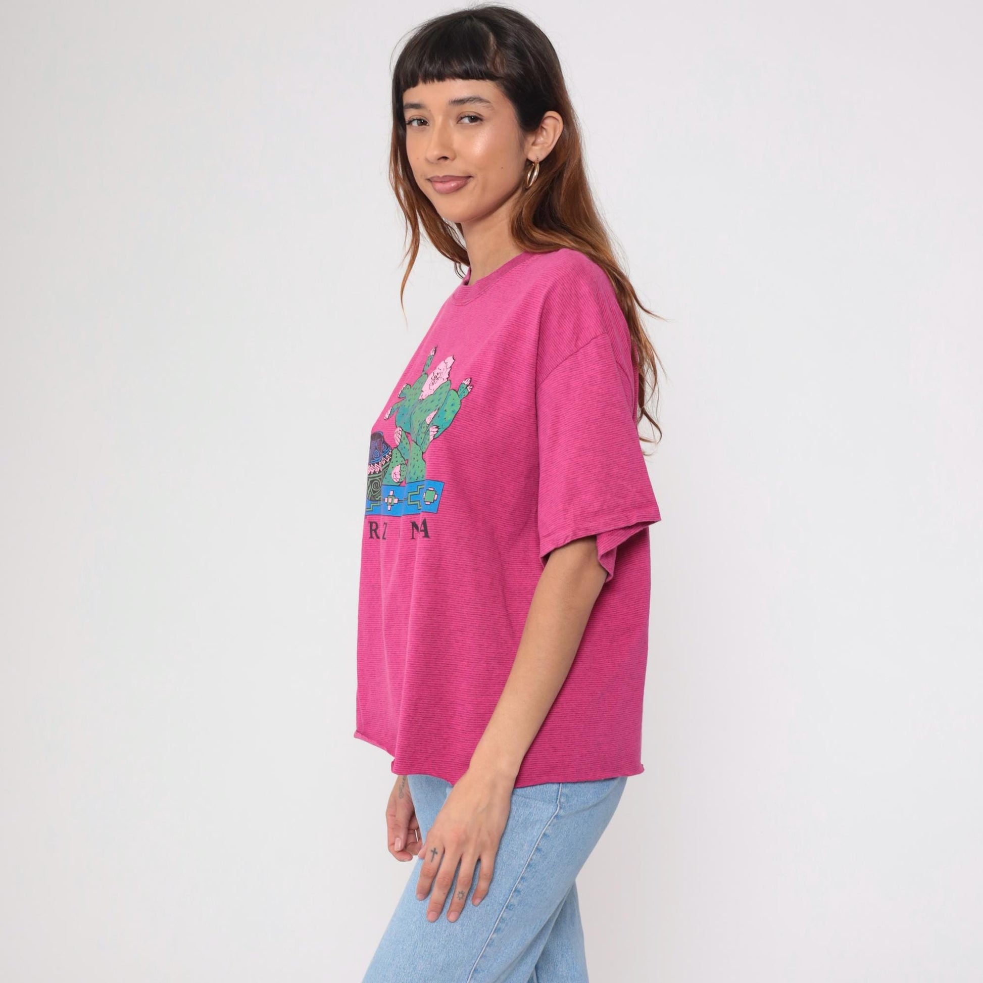 90s Arizona Prickly Pear Cactus Graphic T-Shirt Hot Pink Native American Pottery Extra Large