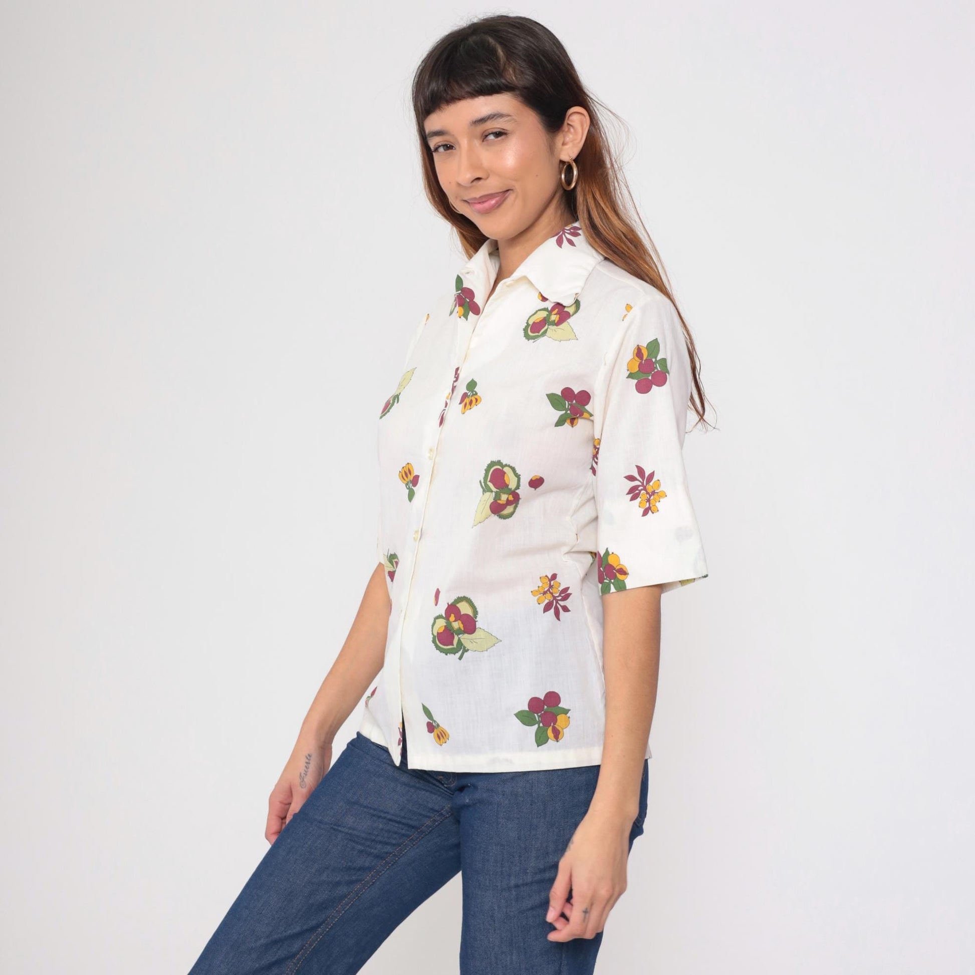 70s Laura Mae Fruit Print Button Up Blouse White Chestnut Medium
