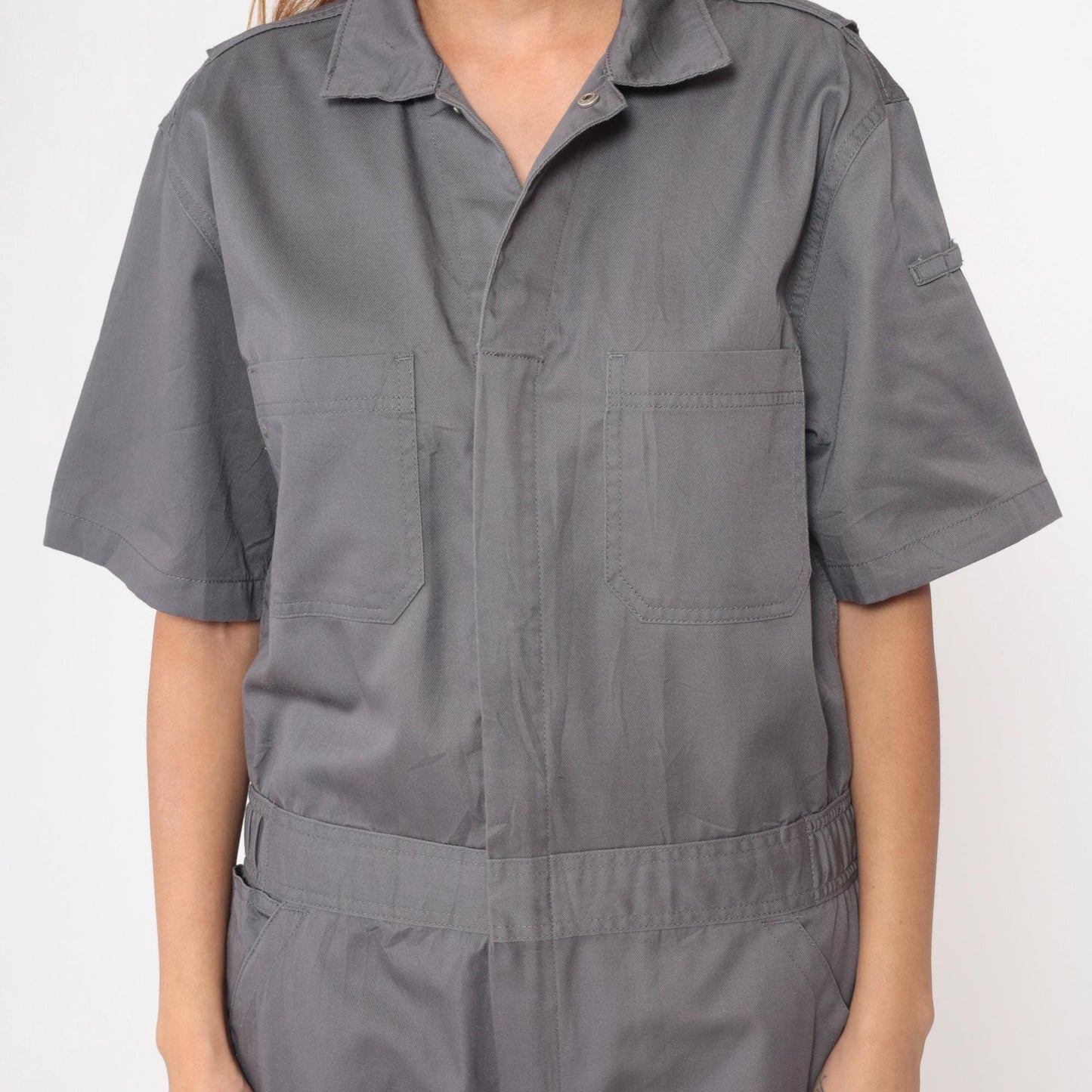 Y2K CQR Grey Utility Coveralls Short Sleeve Cargo Jumpsuit Medium M