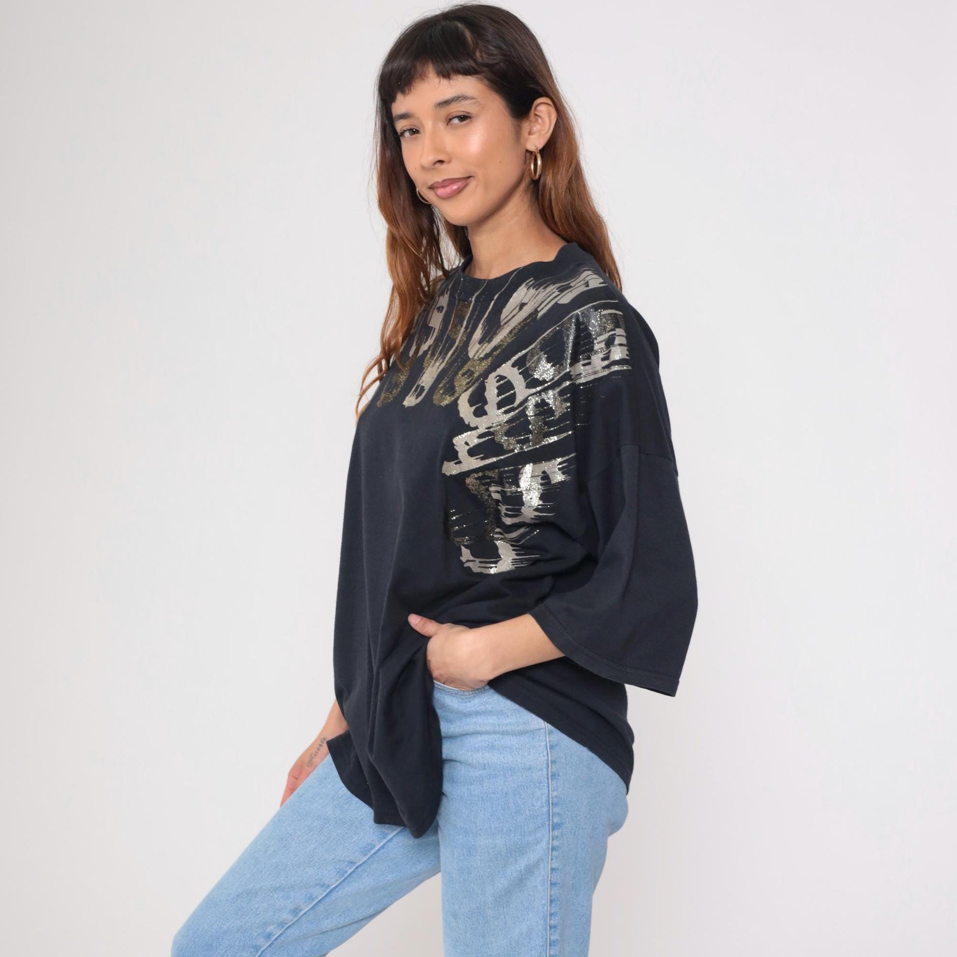 90s Metallic Paint Splatter Graphic Tee Black Abstract One Size