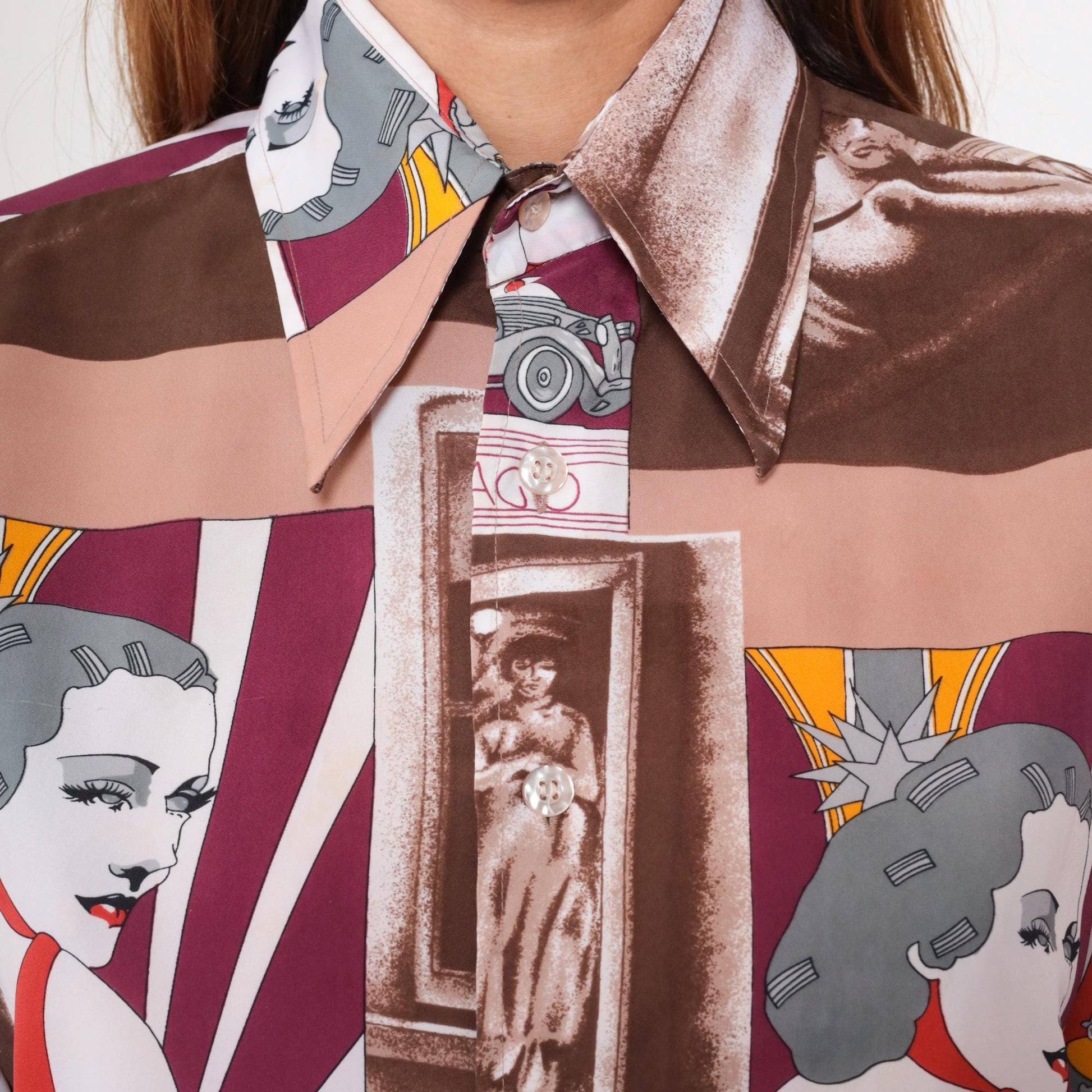 70s Art Deco Chicago Car Print Button Up Shirt Novelty Graphic Medium