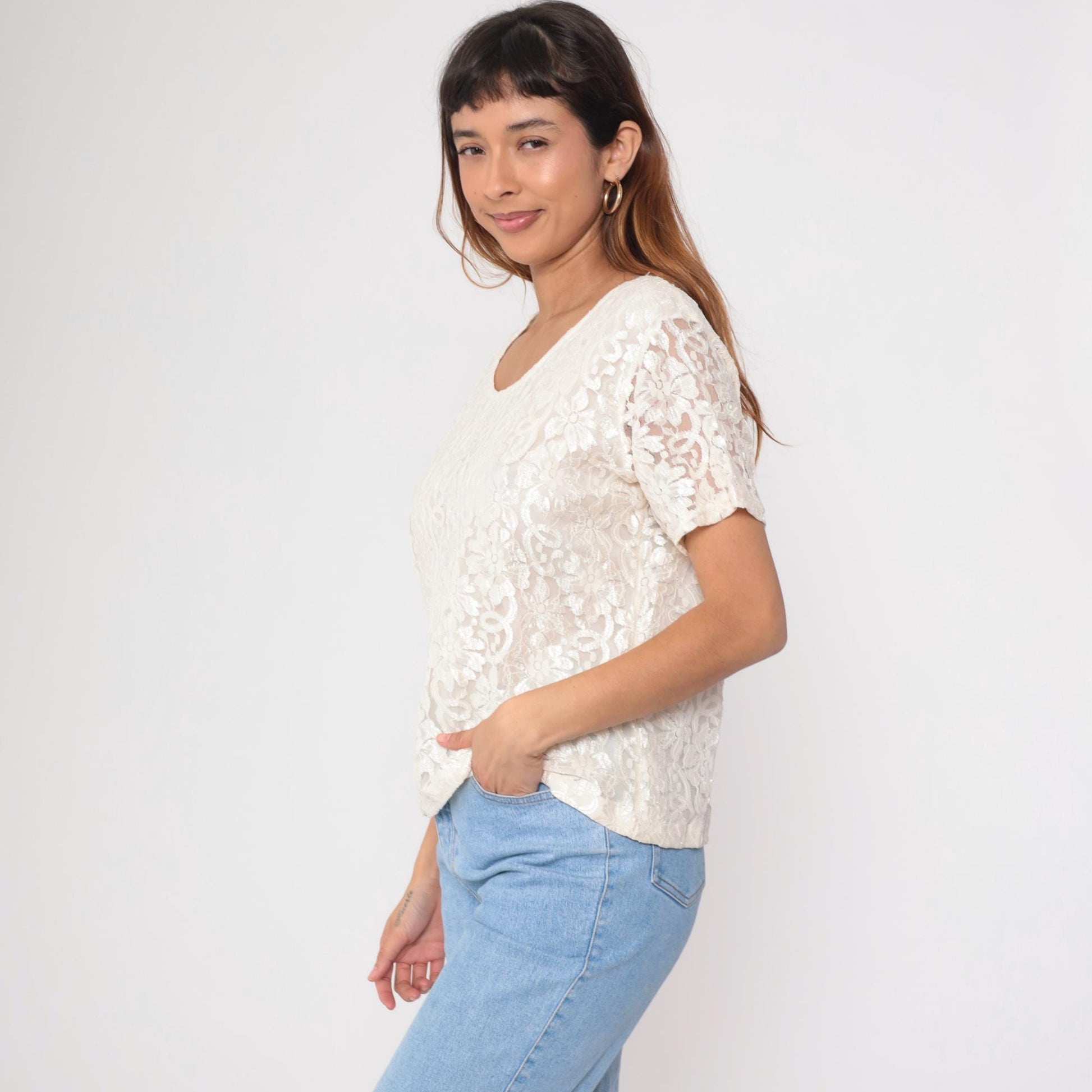 90s Cream Lace Blouse Sheer Sleeve Scoop Neck Party Top Large L