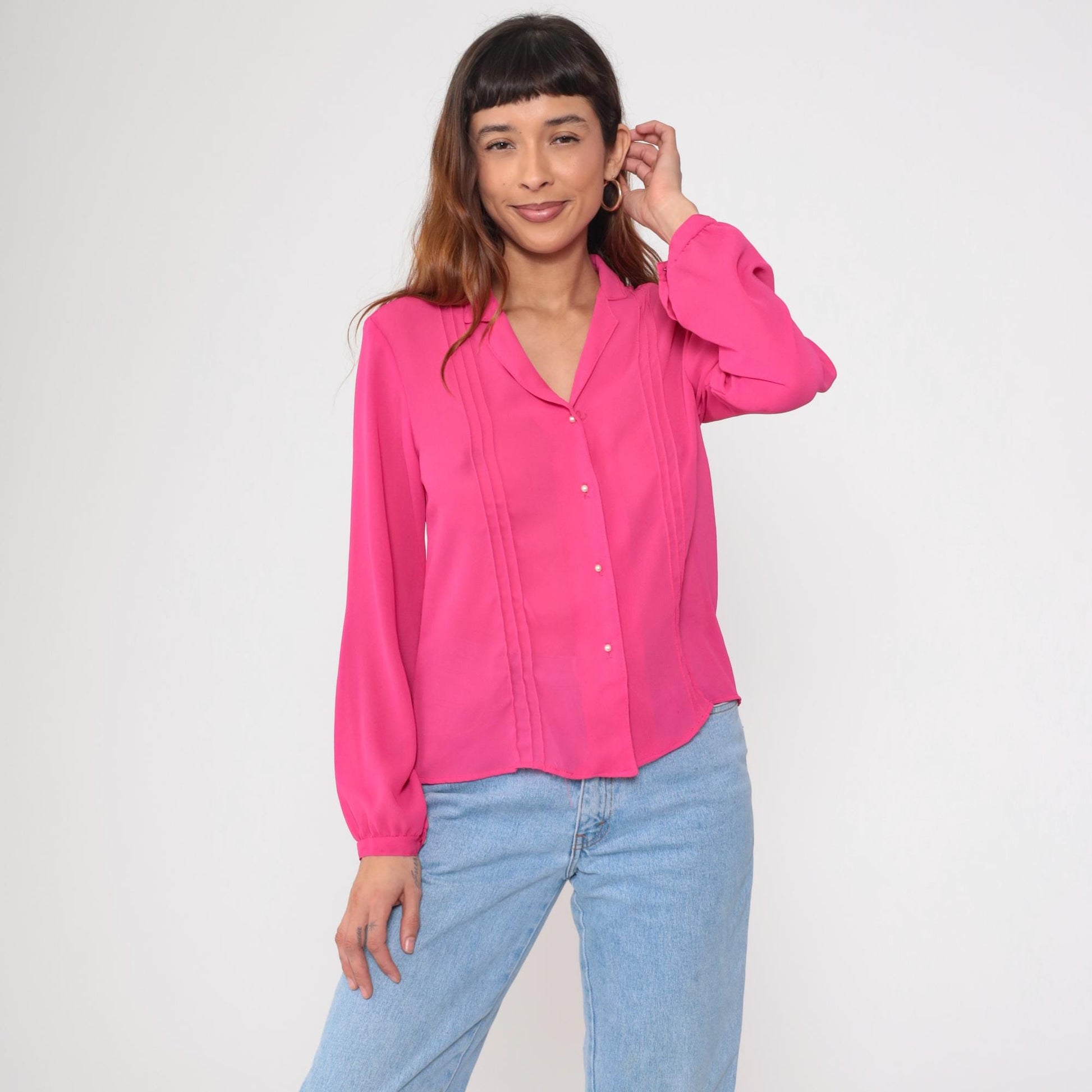 80s Fuchsia Pink Pleated Button-Up Blouse Pearl Buttons Long Sleeve Medium M