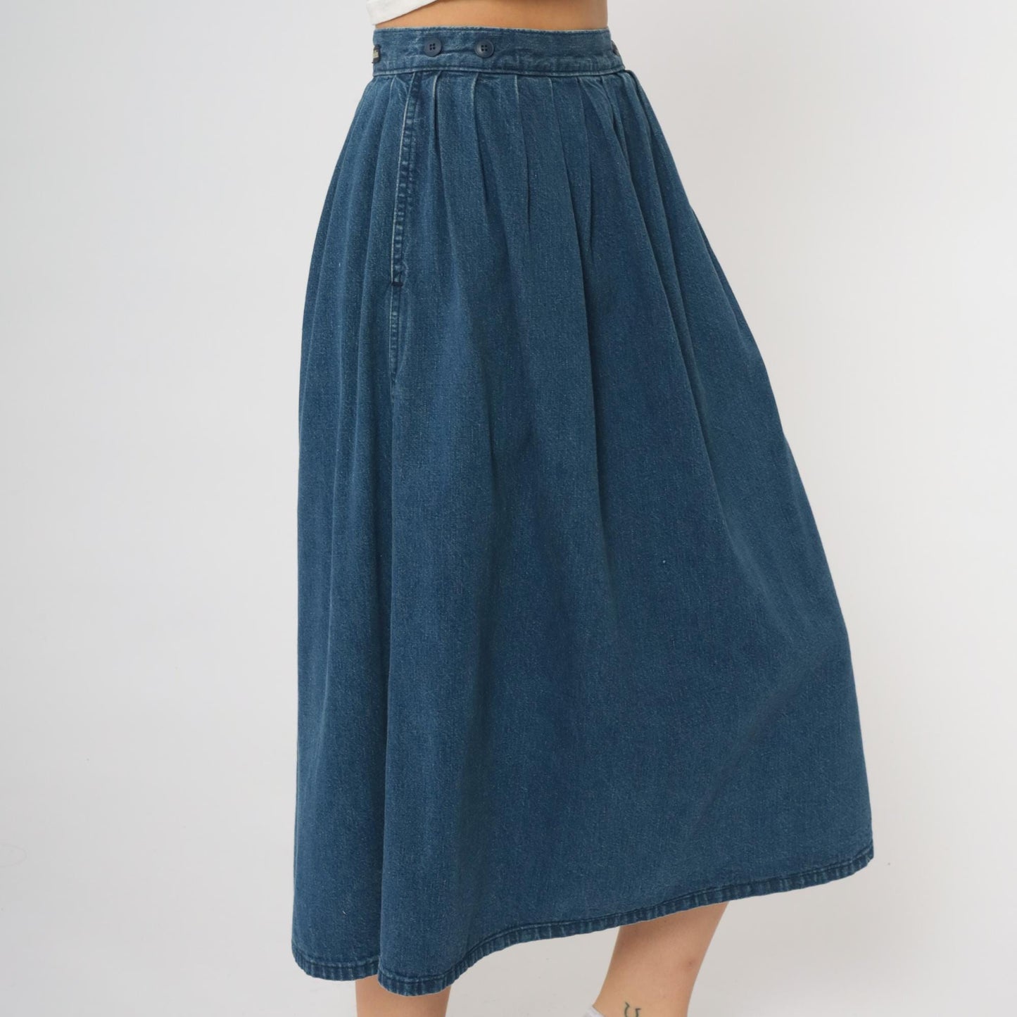 80s Calvin Klein Medium Blue Denim Midi Skirt High Waisted Pleated A-Line Small