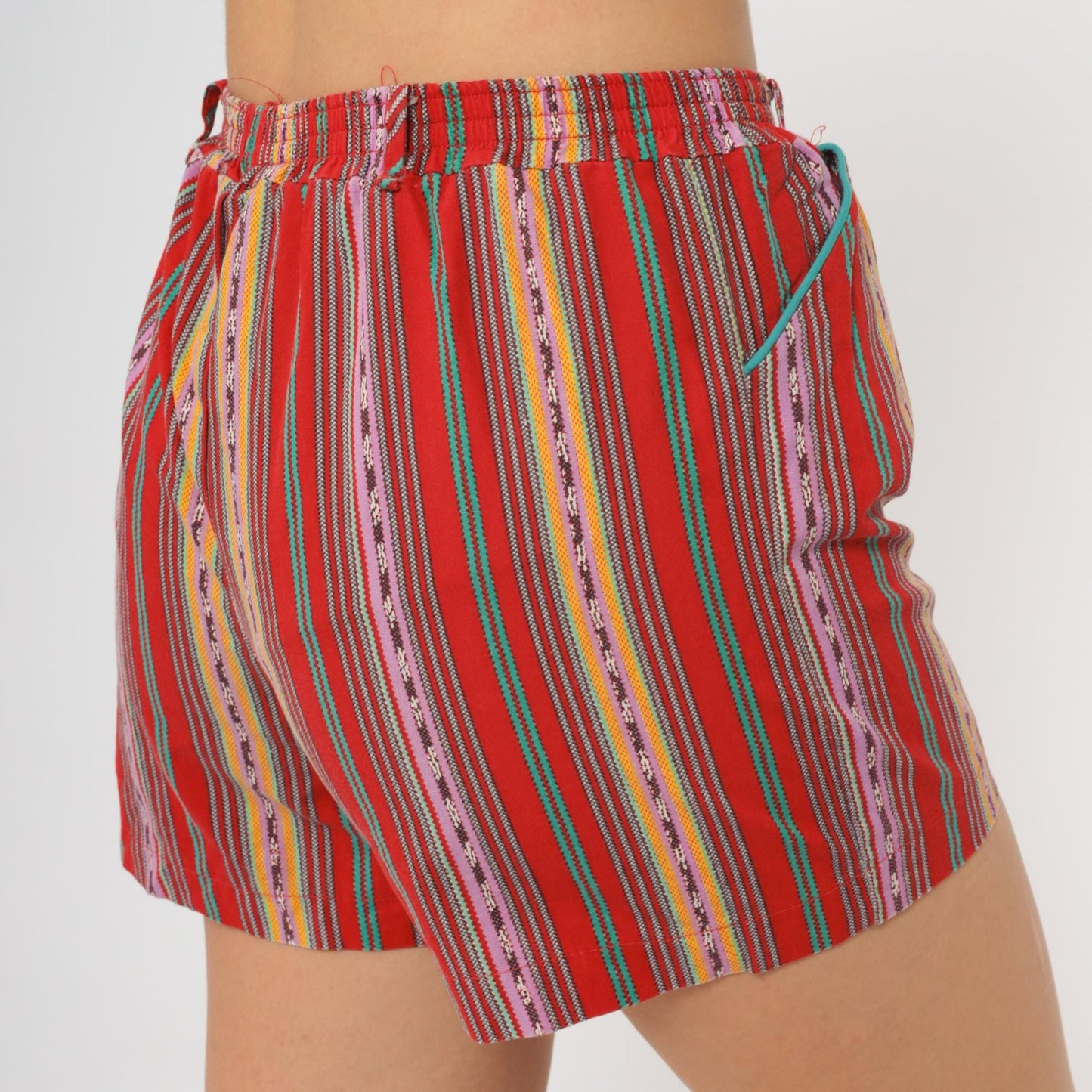 90s Jaspre Multicolor Striped Shorts Red Elastic Waist Cotton High Rise XS