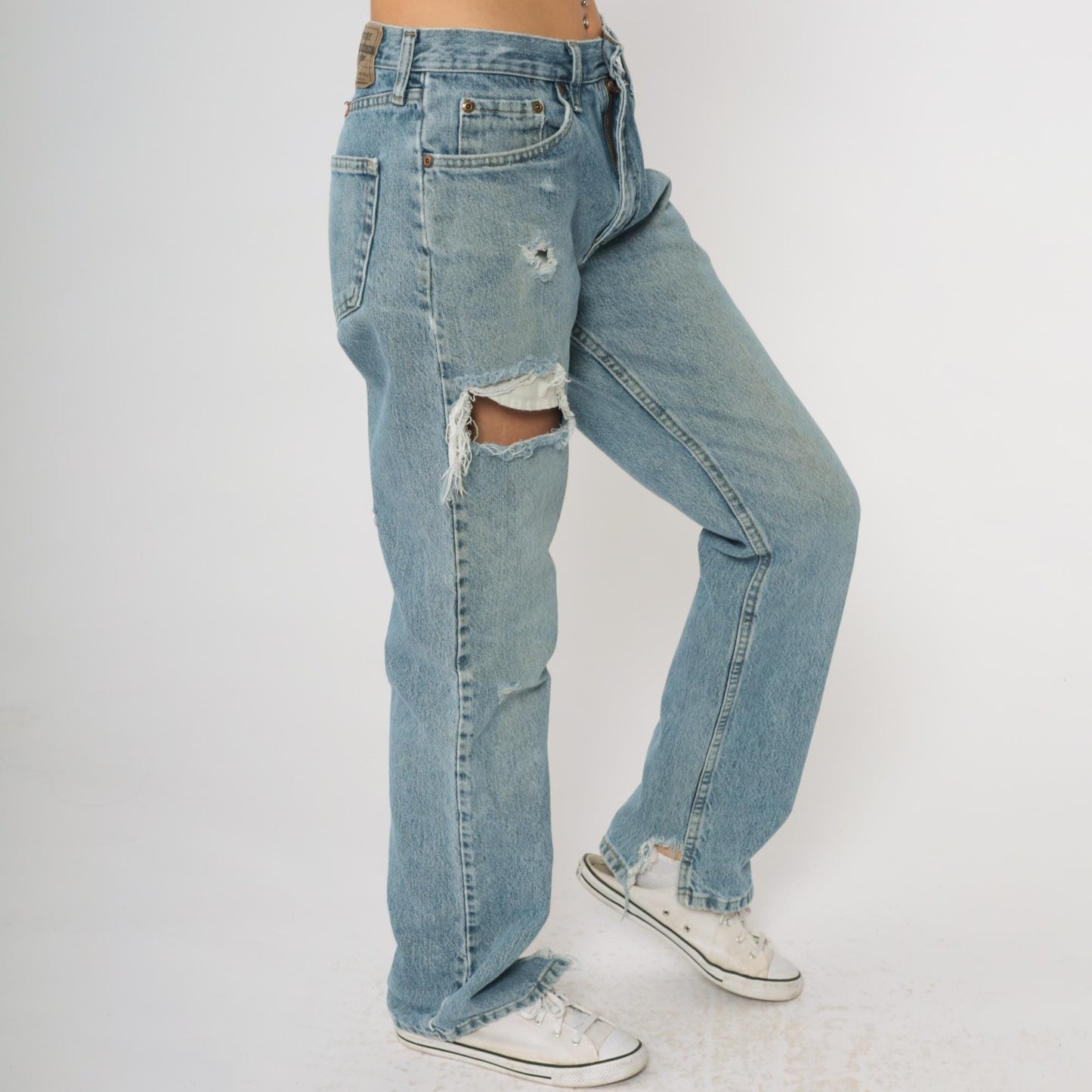 90s Wrangler High Waisted Straight Leg Jeans Blue Distressed Rips 30x32