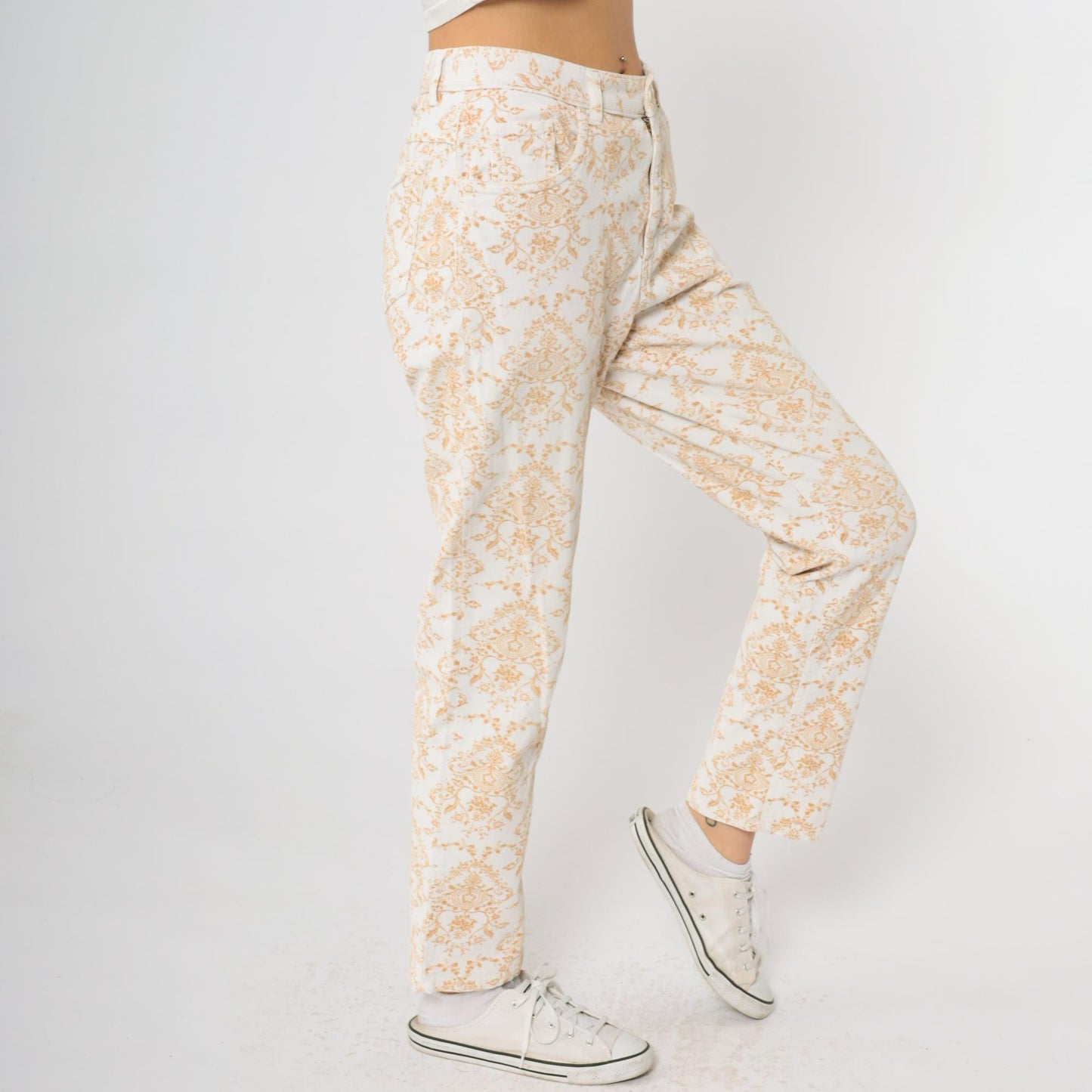 Y2K Paisley Corduroy Pants Cream Orange High Waisted Straight Leg Medium M