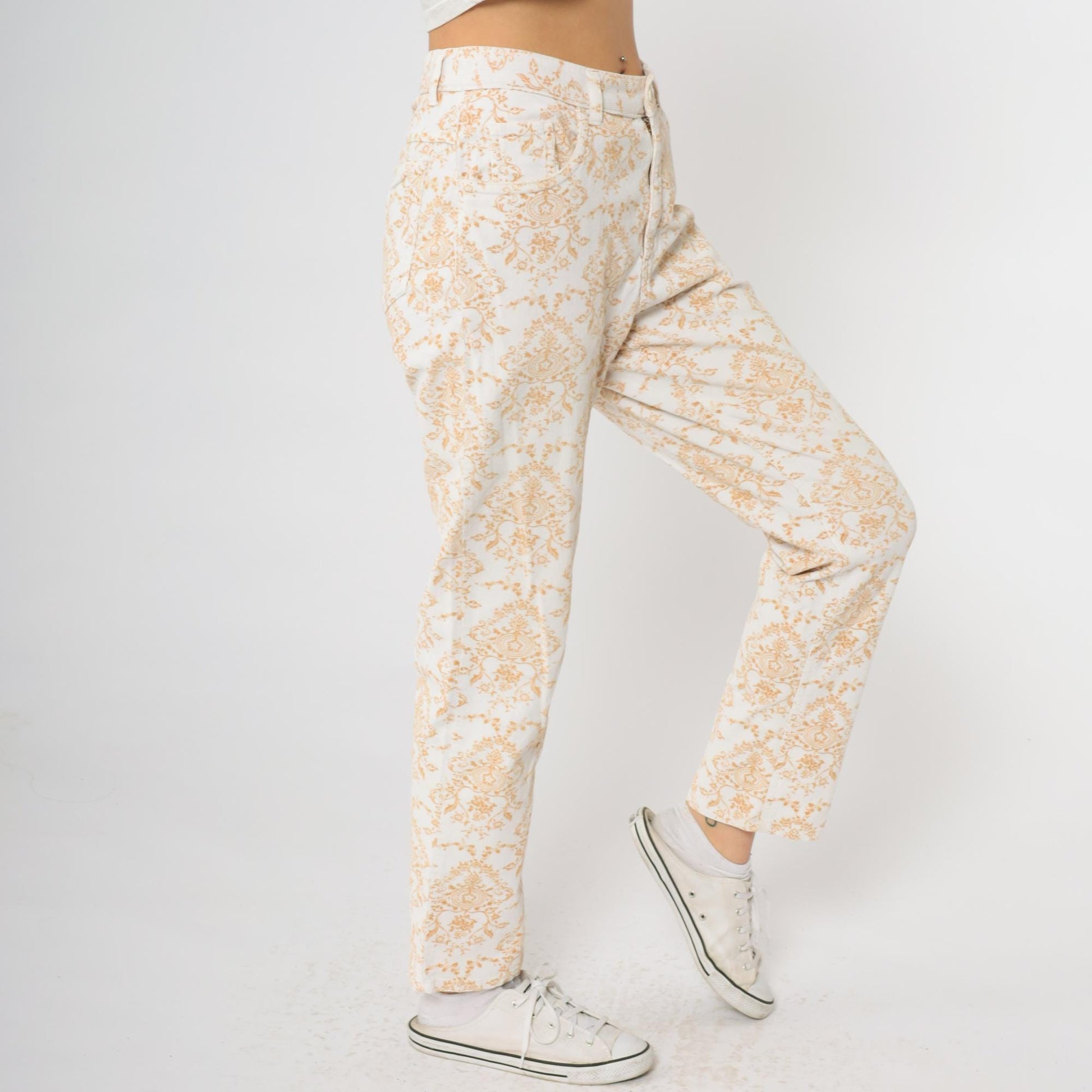 Y2K Paisley Corduroy Pants Cream Orange High Waisted Straight Leg Medium M