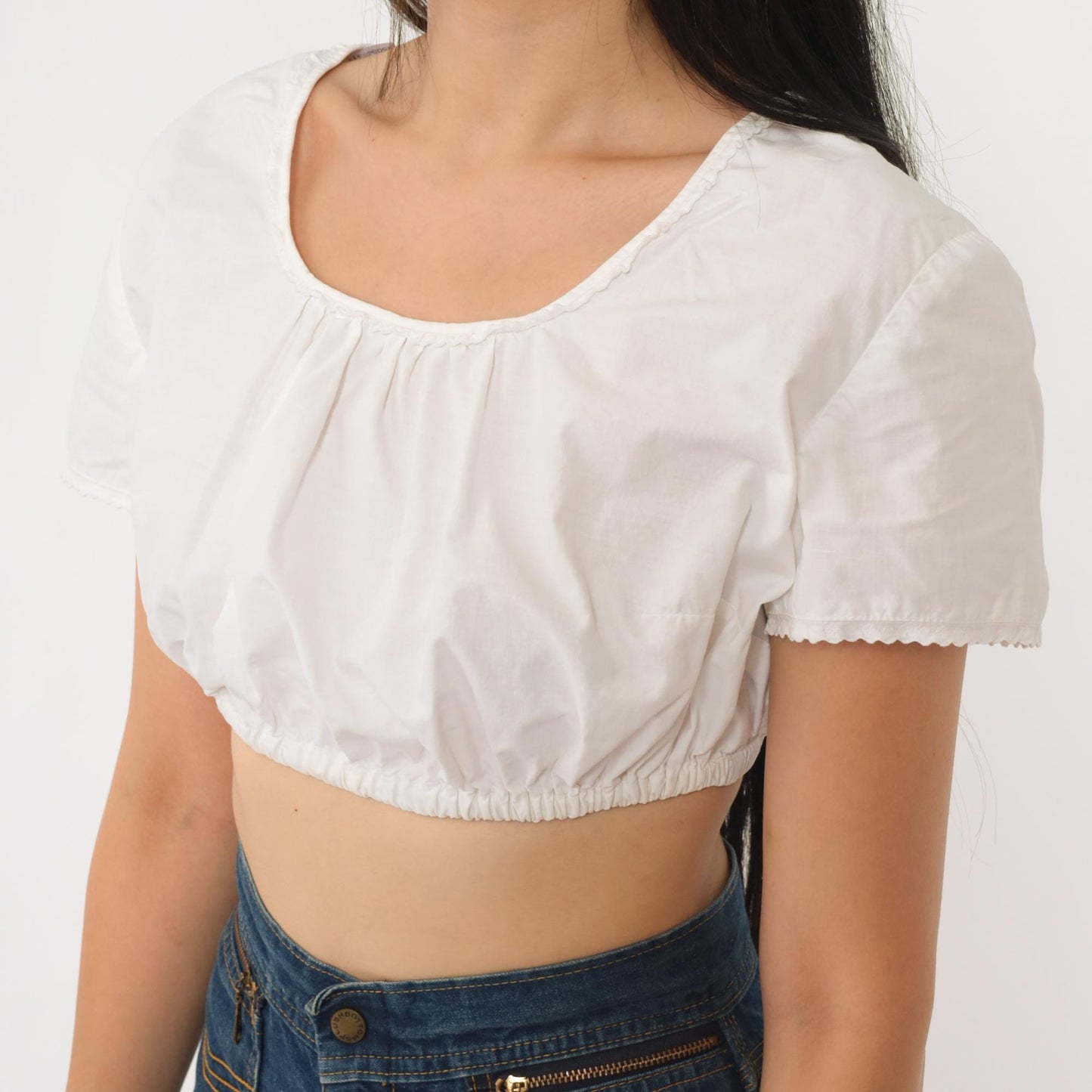 90s White Peasant Crop Top Milkmaid Scoop Neck Blouse Extra Small