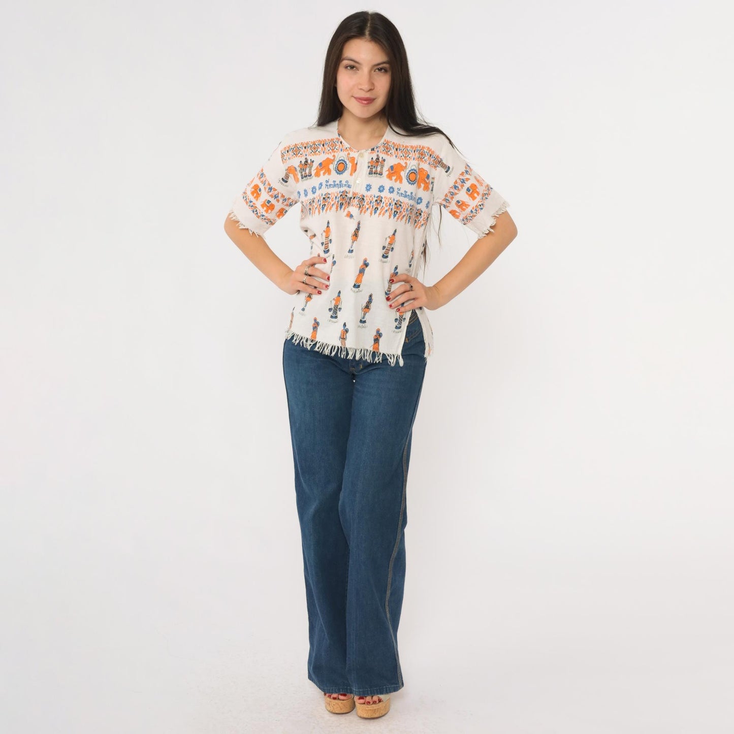 Y2K Thailand Souvenir Shirt White Cotton Elephant Print Fringe Small