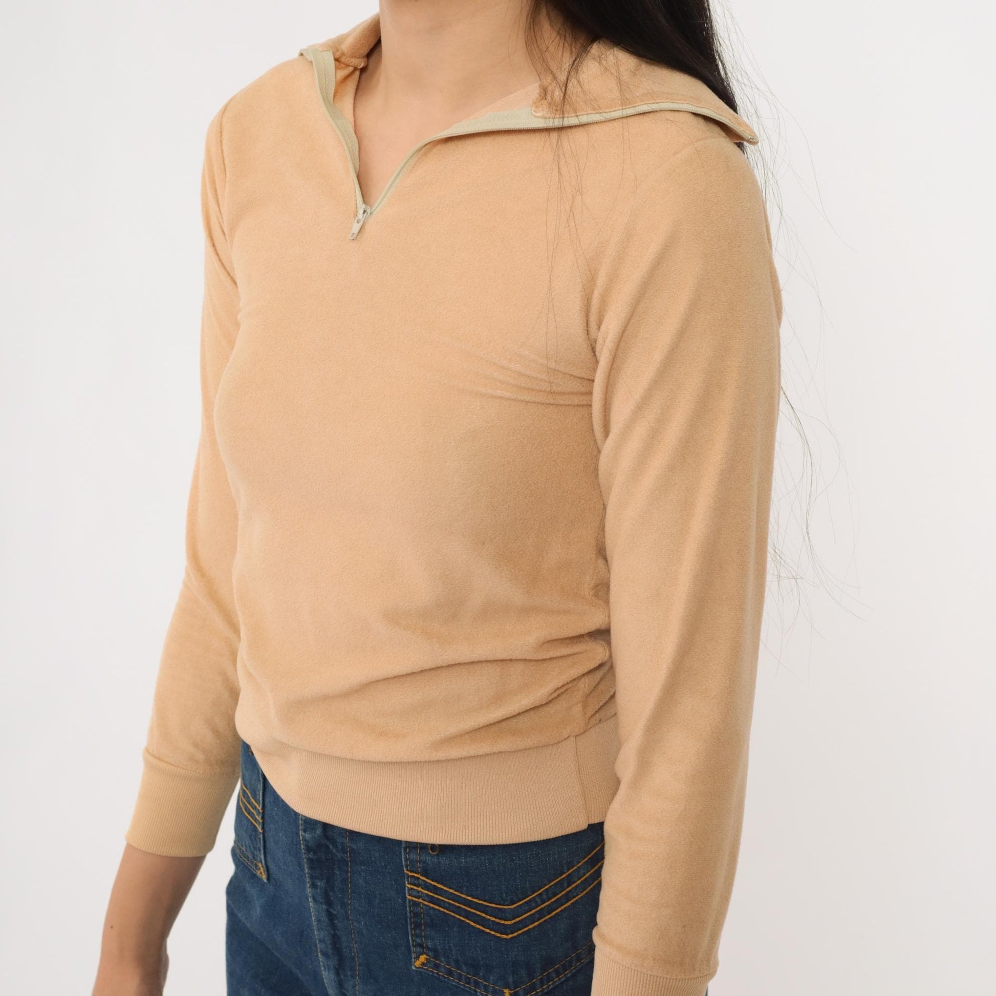80s Tan Velour Quarter Zip Sweatshirt Fleece Pullover Youth Extra Small XXS