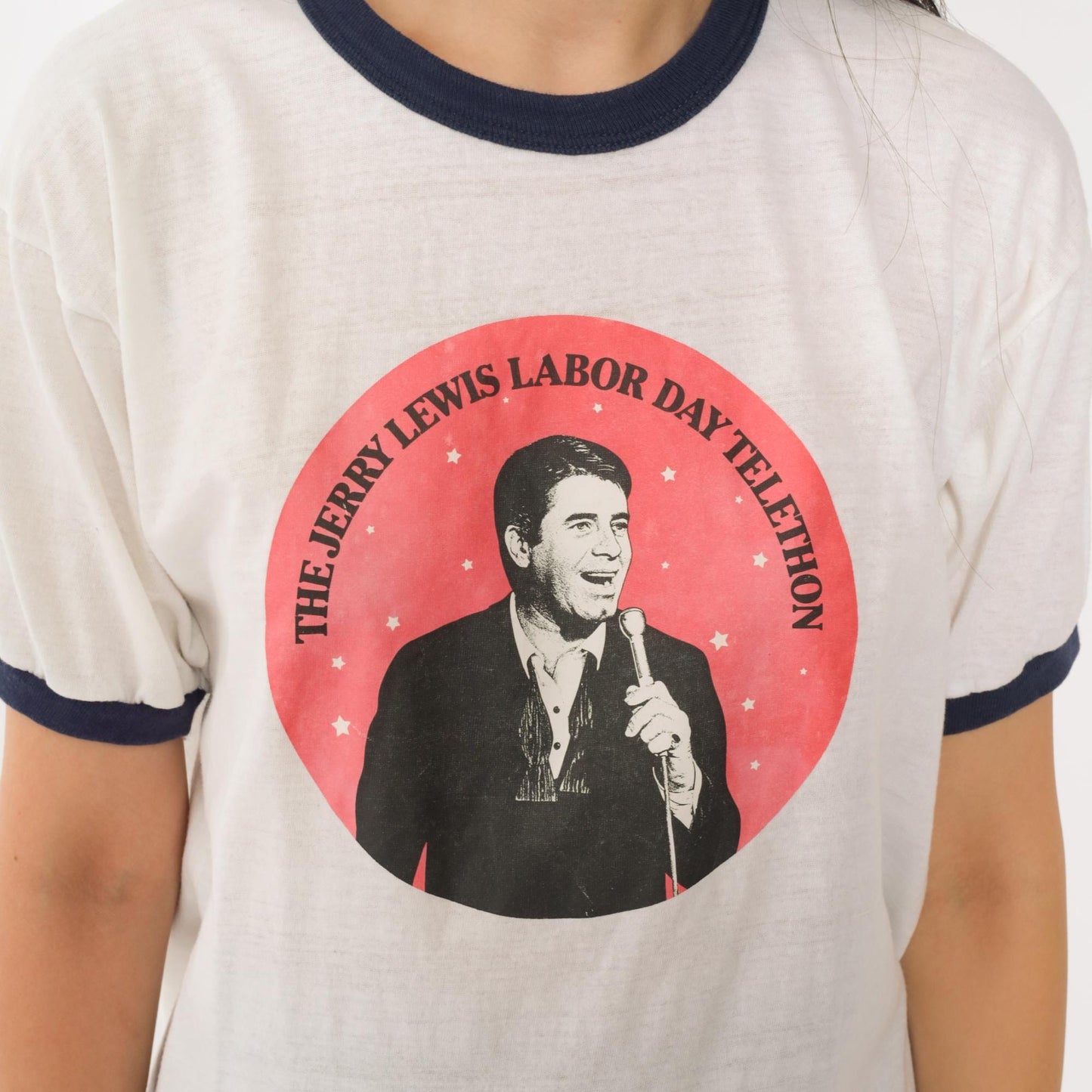 80s Jerry Lewis Labor Day Telethon Ringer T-Shirt White Navy Graphic Medium